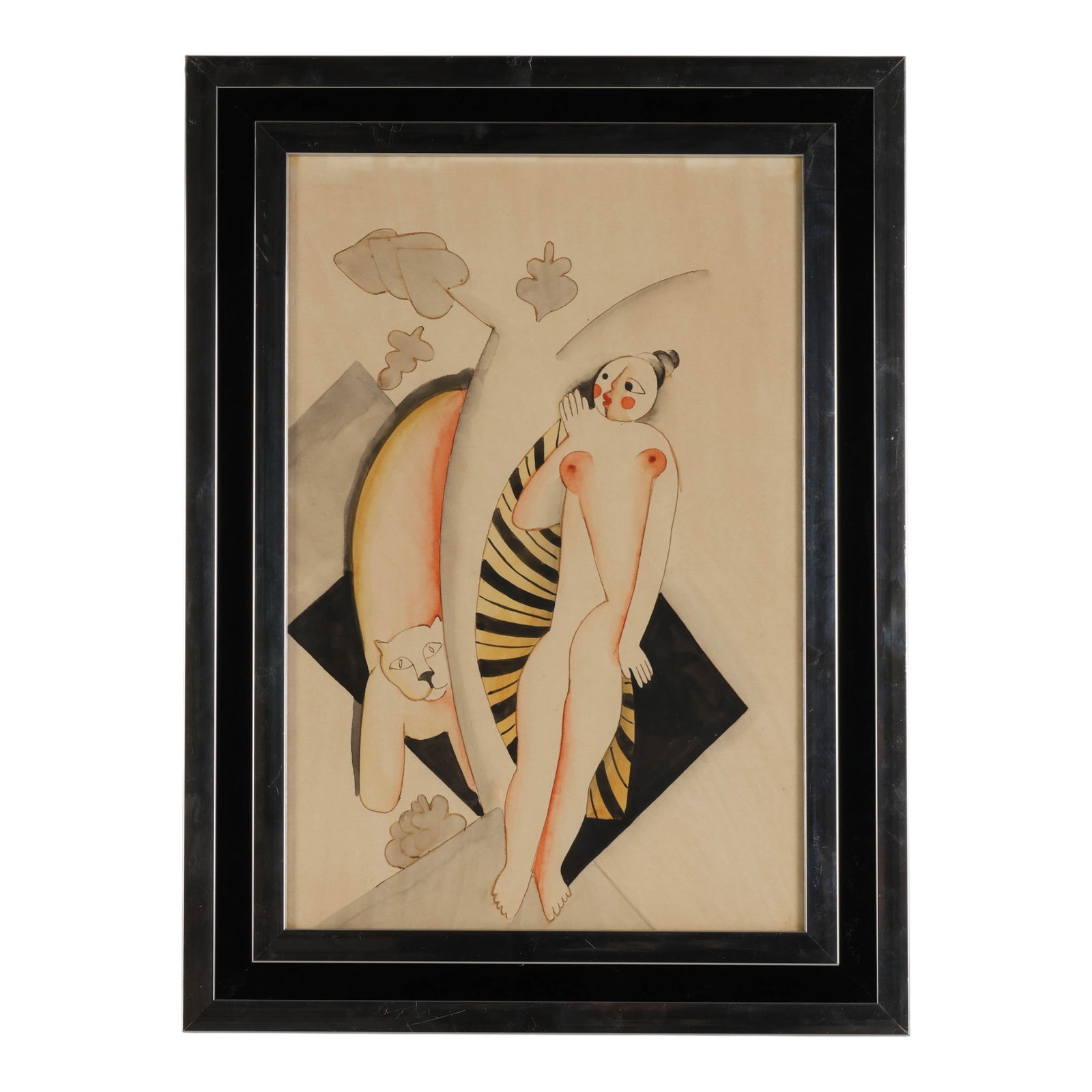 Deco Nude Figure Painting Attributed to Bela Kadar: Hand Painted gouache and watercolor on paper titled Surprise, 1929, rendered in the modernist, avant-garde manner of Bela Kadar (Hungarian, 1877-1956). The composition depicts a stylized female nude a