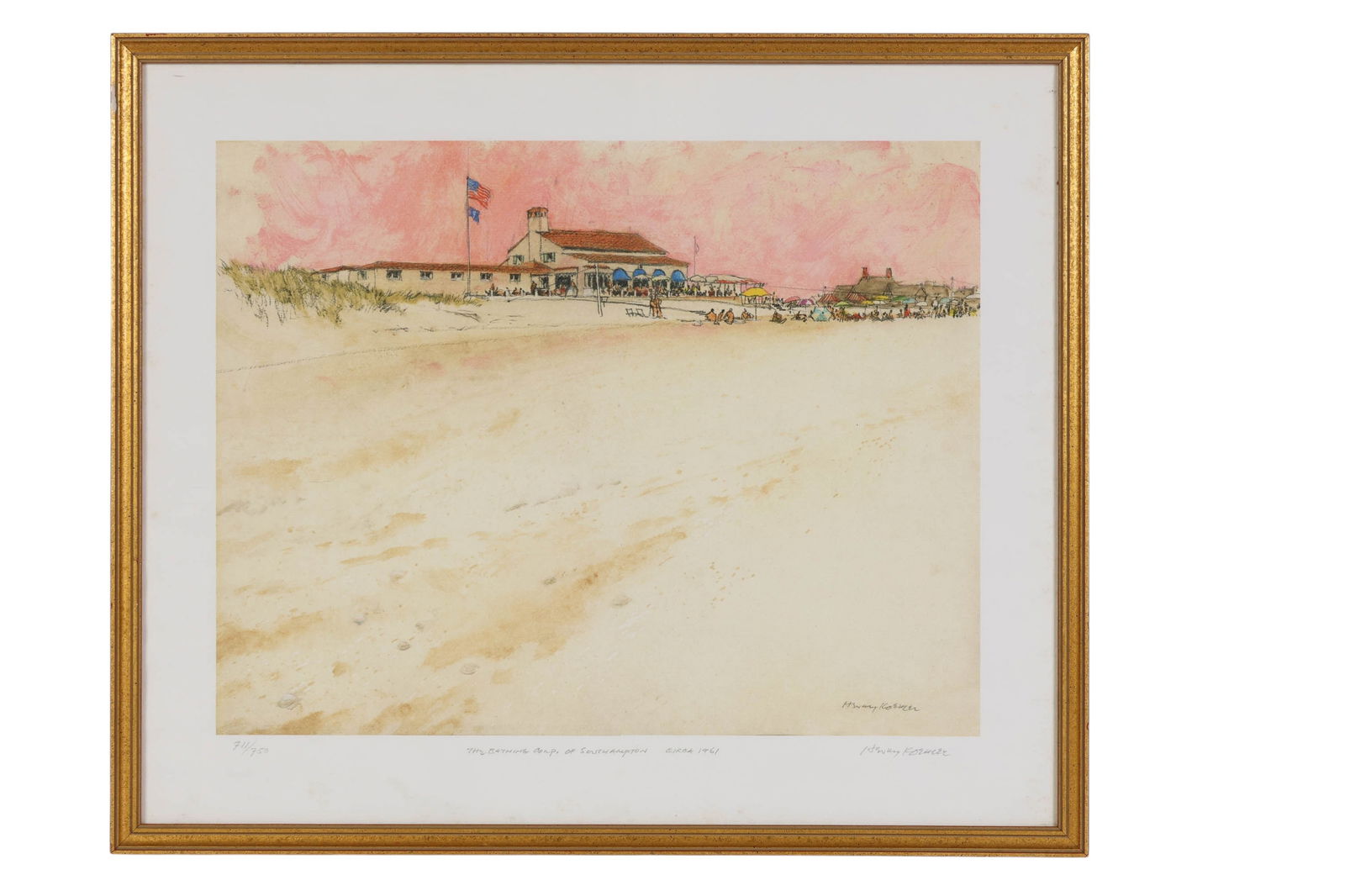 Henry Koehler 1927-2018 Color Offset Print SIGNED: Henry Koehler (American, 1927-2018), The Bathing Corp. of Southampton, a color offset print on paper depicting a lively beach scene with sunbathers, umbrellas, and a clubhouse set beneath a pink-hued