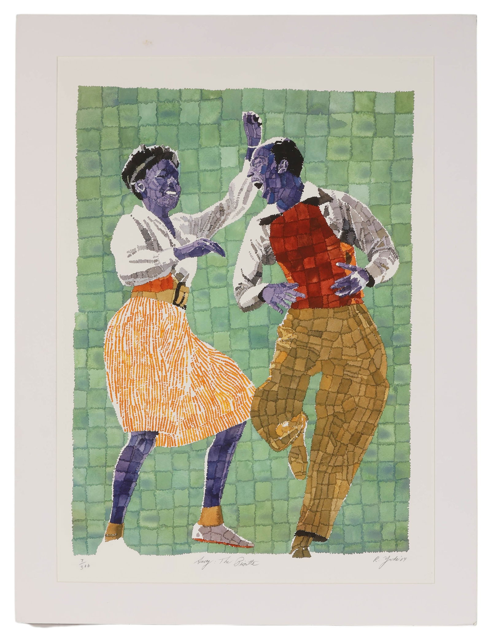 Richard Yarde 1939-2012 Savoy Dancer LE SIGNED: Richard Yarde (American, 1939-2011), Savoy Dancers, limited edition color serigraph on paper, depicting Leon and Willa Mae, two stylized figures dancing against a green tiled background, rendered in a