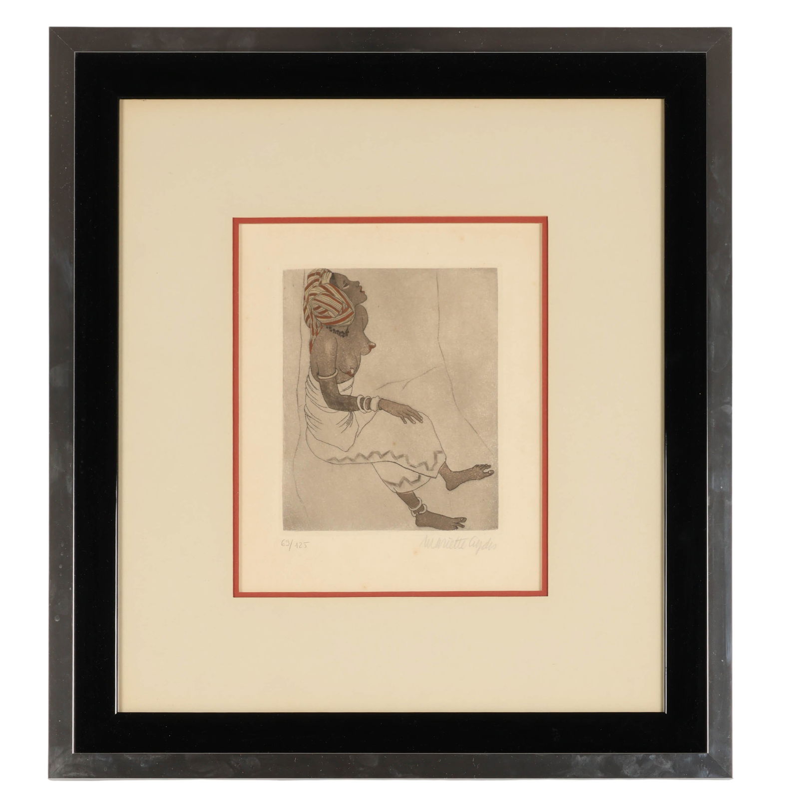 Mariette Lydis 1887-1970 Native Nude Litho SIGNED: Mariette Lydis (Austrian-French, 1887-1970), color lithograph on paper depicting a reclining tribal woman rendered in a refined modernist style. The figure is characterized by an elongated form, expre