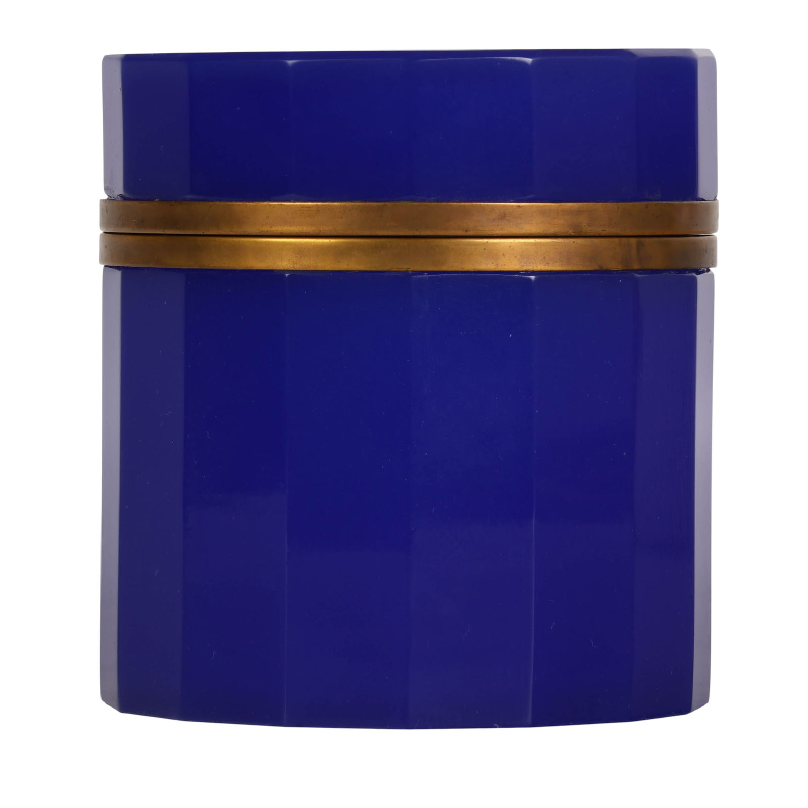 French Blue Opaline Glass Jewelry Casket Coin Box: Faceted cobalt blue art glass box of cylindrical form, featuring a vertically paneled body and a matching blue glass interior for a seamless monochrome presentation. The box is fitted with a hinged br