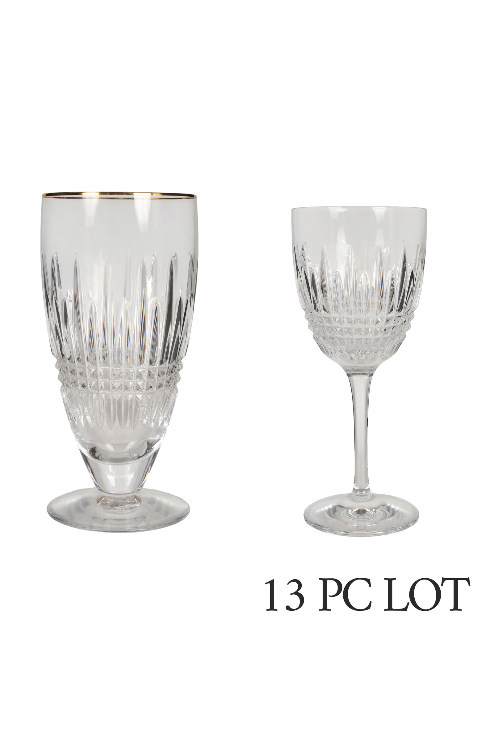 Waterford Lismore Diamond Iced Beverage & Wine LOT: Set of thirteen Waterford crystal glasses in the Lismore Diamond pattern. The group includes eleven iced beverage glasses, consisting of eight with platinum rims and three with gold rims, along with