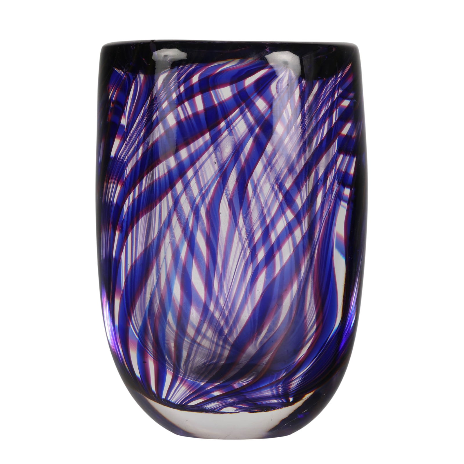 Kosta Boda Sigurd Persson Art Glass Vase SIGNED: Sigurd Persson (Swedish, 1914-2003), a hand blown art glass vase designed in collaboration with Kosta Boda. The thick-walled crystal form features swirling internal ribbons of deep cobalt blue, violet