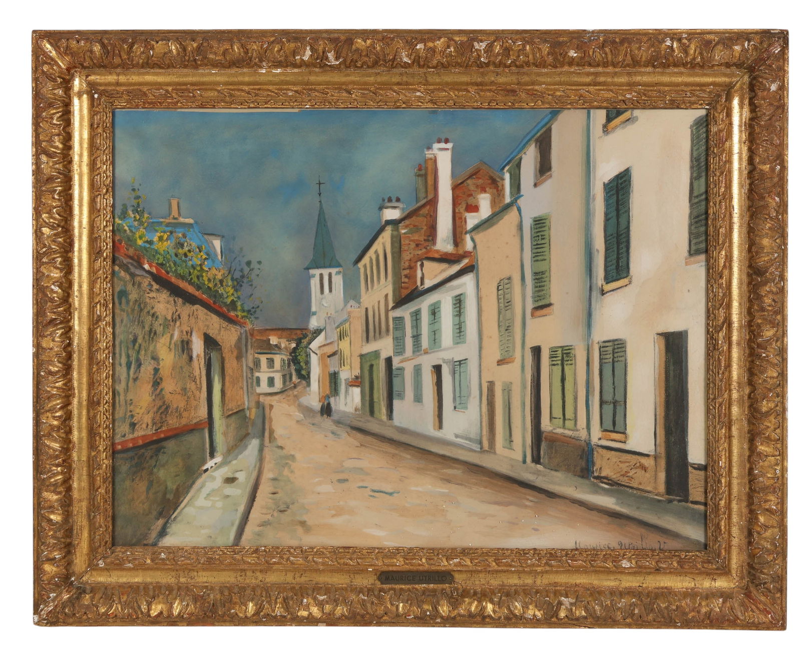 Mauriec Utrillo 1883-1955 Village Street Painting: Maurice (Valadon) Utrillo (French, 1883-1955), antique gouache painting on paper depicting a European village street scene with a church steeple in the background. Signed lower right. Presented under