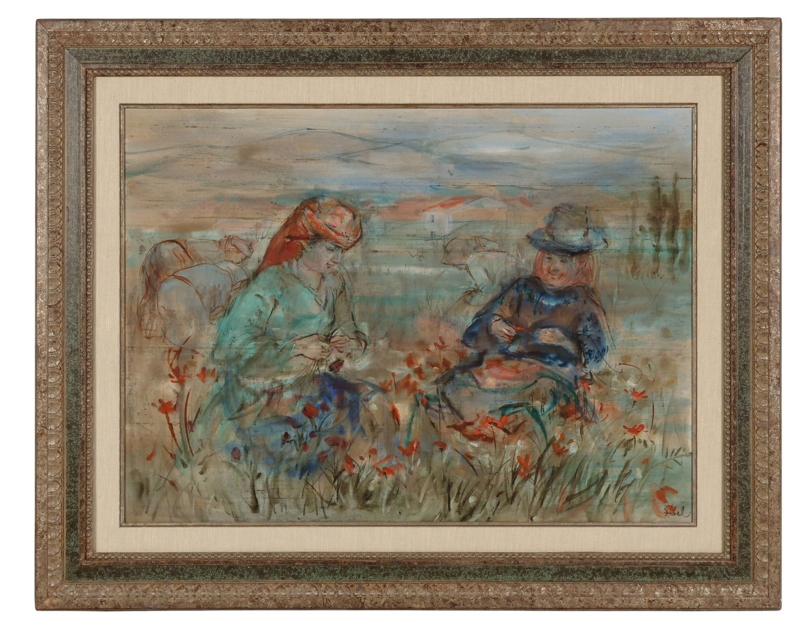 Edna Hibel 1917-2015 Figural Landscape Painting: Edna (Hibel) Plotkin (American, 1917-2015), original painting on linen mounted on board, depicting two seated women surrounded by baskets and floral elements in a lush, pastoral field. The scene is se