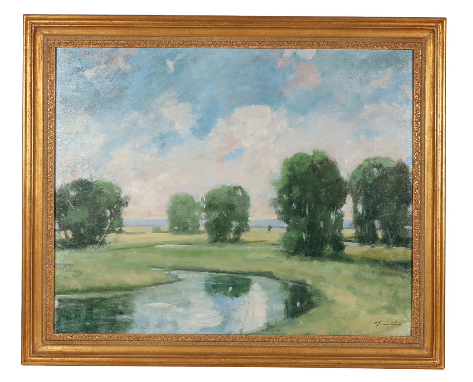 Robert Schneider b. 1956 Landscape Oil Painting: Robert Schneider (American, born 1956), oil painting on canvas. The impressionist style work depicts a grassy meadow with a reflective pond in the foreground and clustered trees beneath a cloud-filled