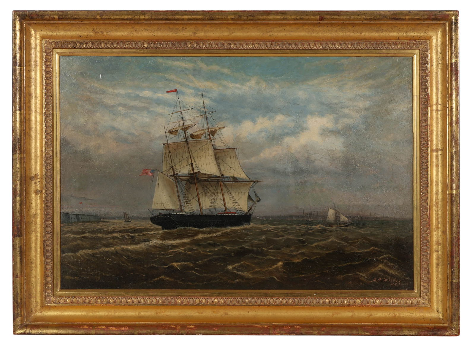 A.R Wilber 1869-1949 Sailing Ship Oil Painting: Allan (Arthur) Rutherford Wilber (Canadian, 1869-1949), Clipper Sailing into Boston Harbor, 1889, oil painting on canvas. The maritime composition captures a dramatic seascape with a large clipper shi