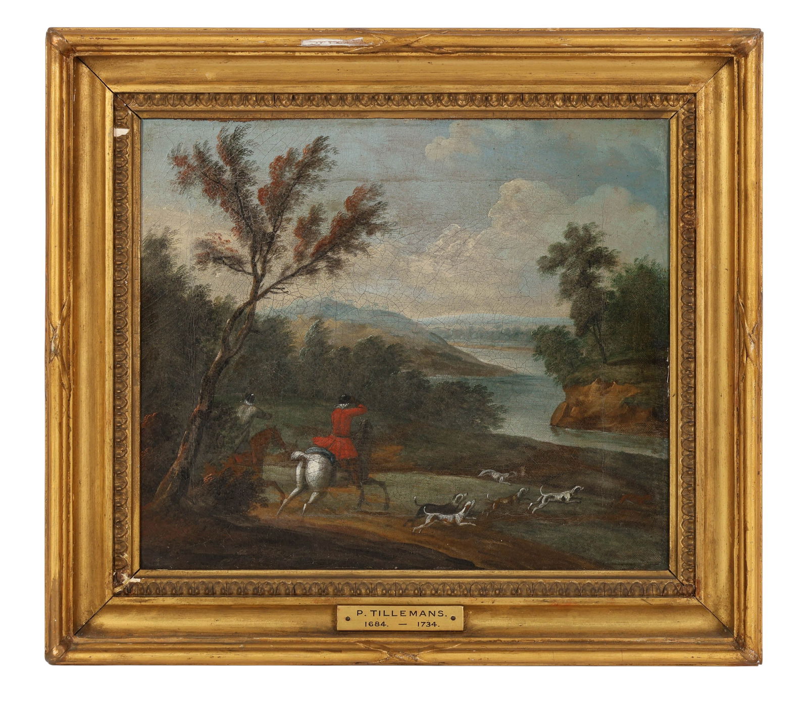 Peter Tillemans 1684-1734 Hunting Scene Painting: Peter Tillemans (Flemish, 1684-1734), oil painting on canvas. Depicts a mounted huntsman in a red coat with hounds pursuing game along a wooded riverbank, with distant hills and expansive sky beyond.
