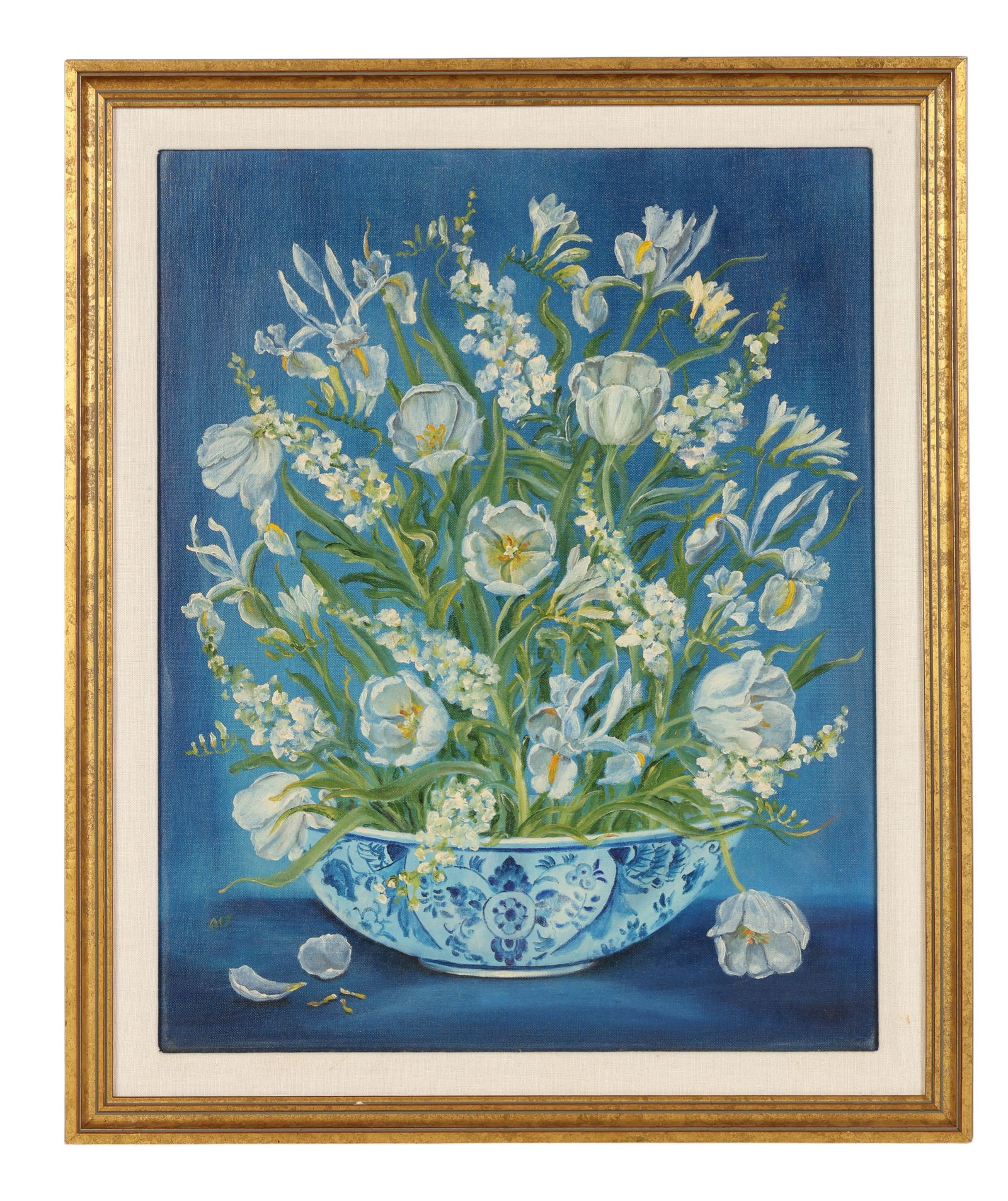 Anna Thorne 1866-1965 Floral Still Life Painting: Anna Louise Thorne (American, 1866-1965), Delft Bowl, oil painting on canvas board. Depicting white blossoms arranged in a blue and white Delft style bowl against a blue ground. Signed with initials l