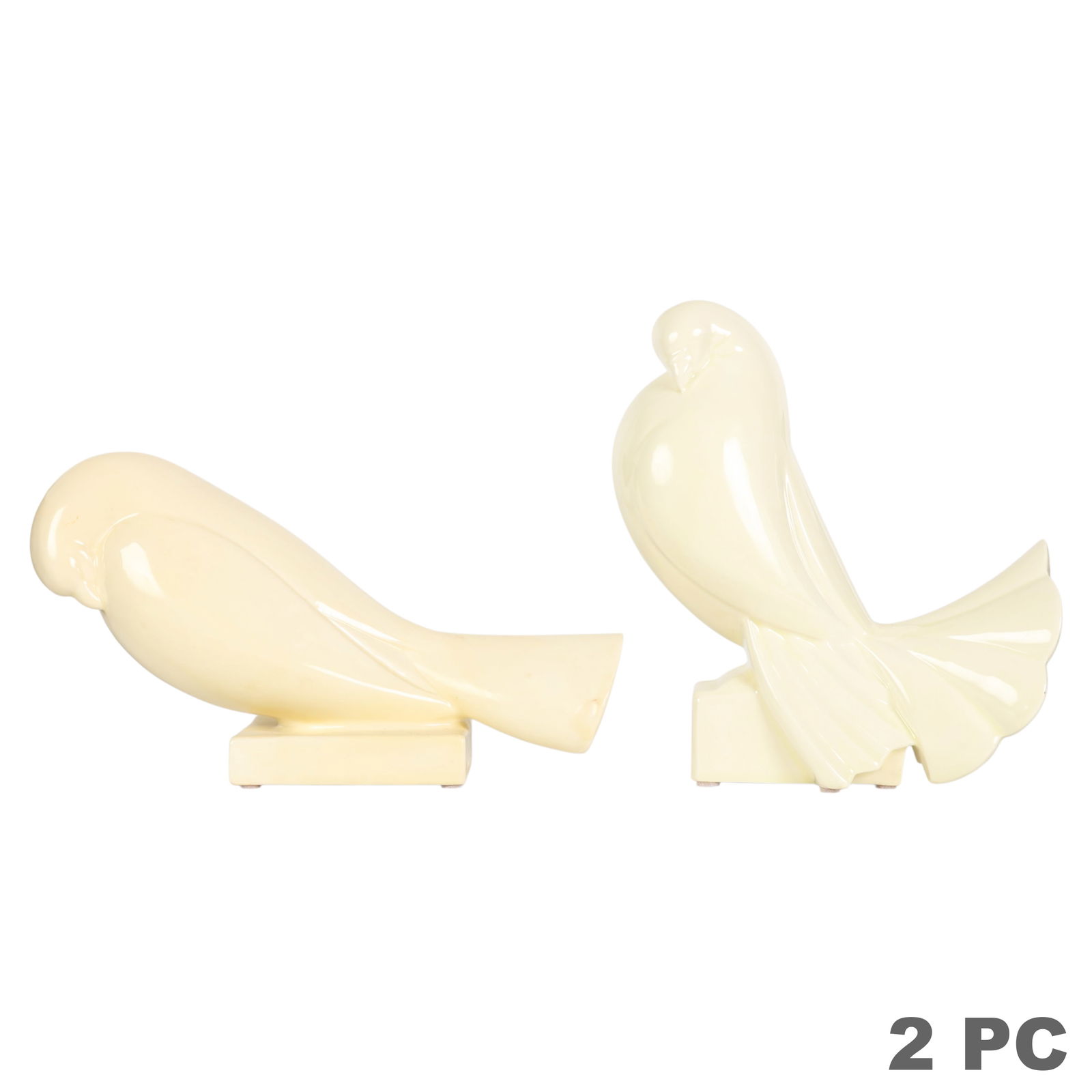 Jacques Adnet 1900-1984 Pair of Ceramic Deco Doves: Jacques Adnet (French, 1900-1984), pair of white-glazed ceramic pottery doves in a stylized Art Deco form, each raised on a rectangular base, with an incised ADNET makers mark to the side. Approximate