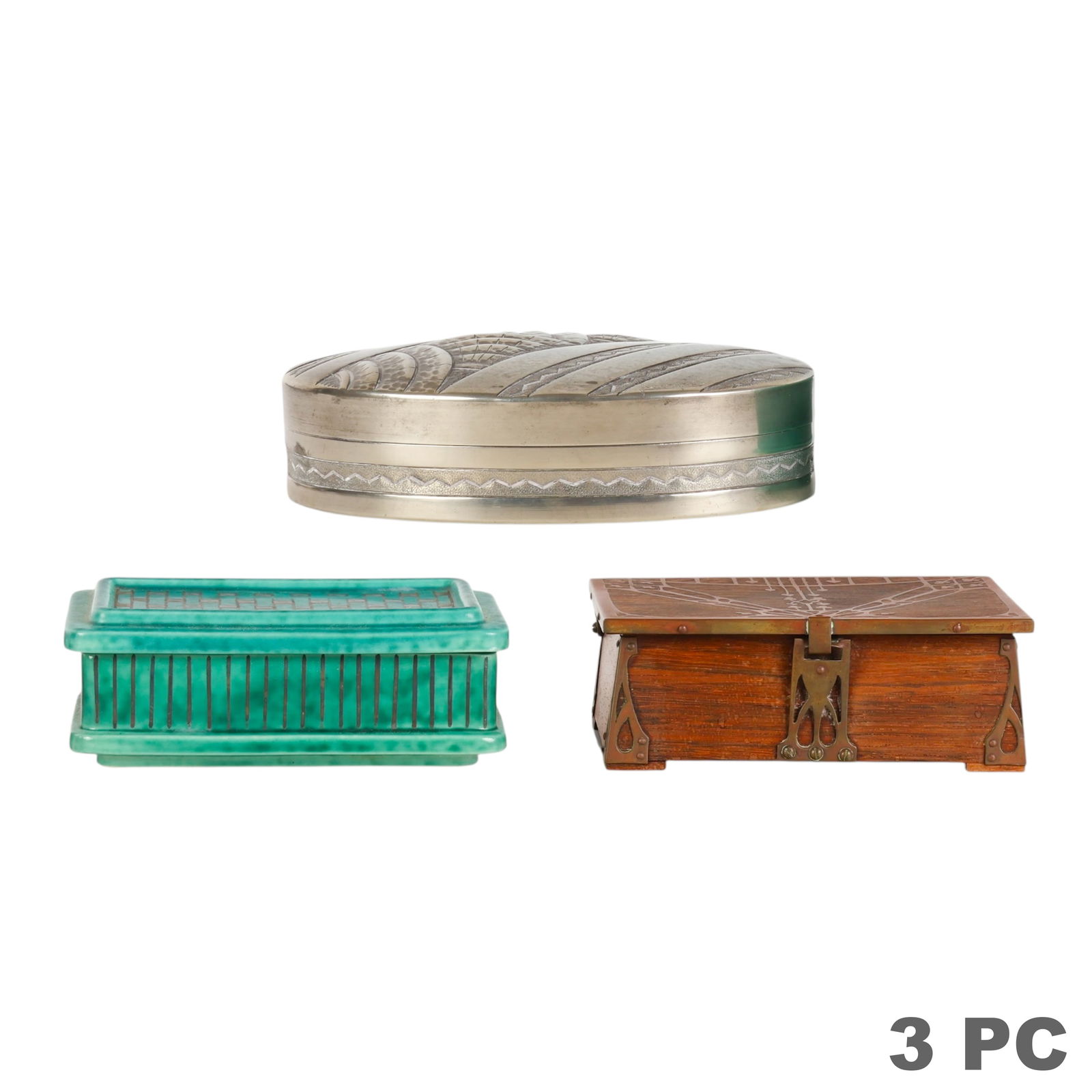 Three Early Wood and Ceramic Pewter Keepsake Boxes (1 of 8)