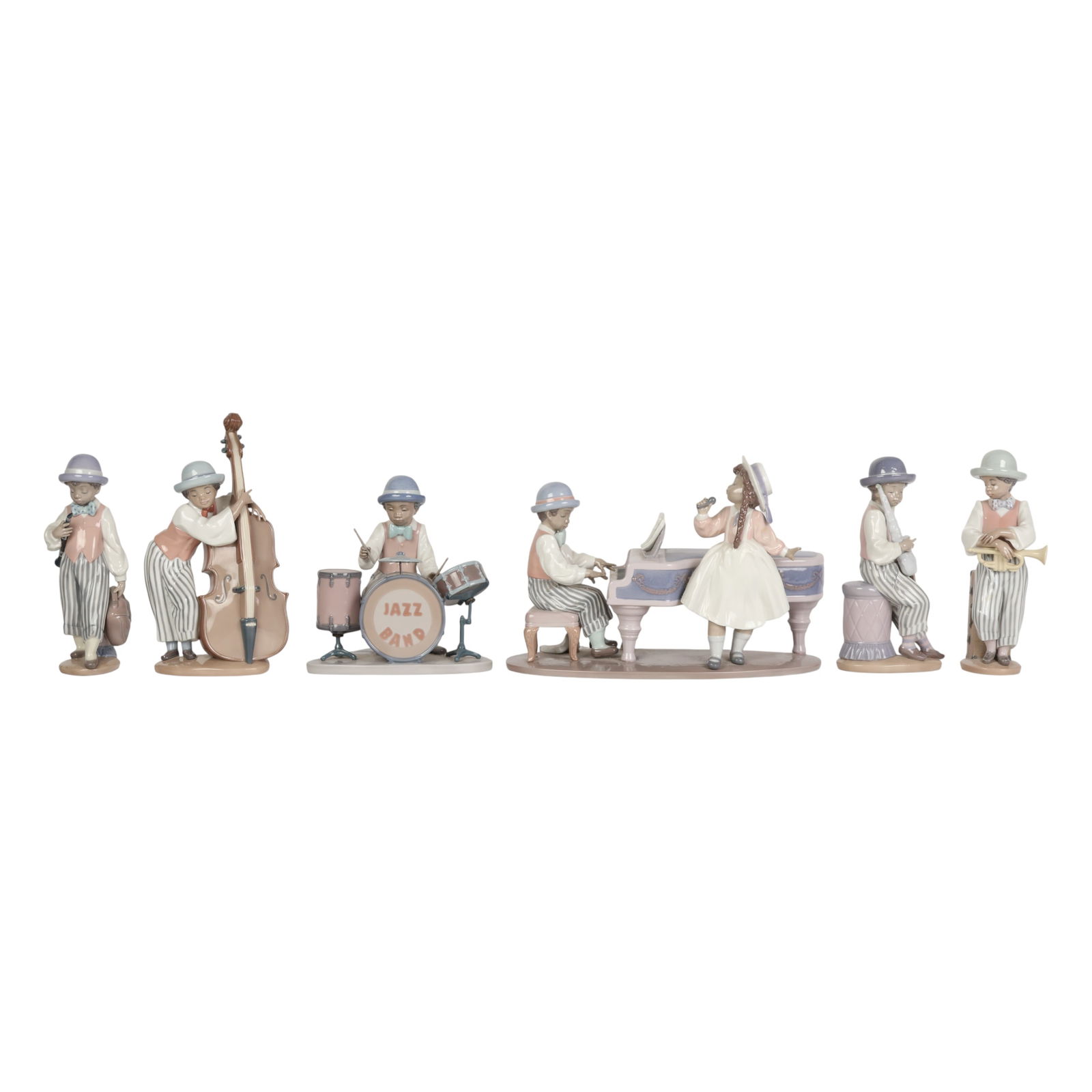 Lladro Jazz Band Porcelain Musician Figurine 6pc: Lladro Spain Jazz Band six piece hand painted porcelain figurines. Includes Jazz Horn #5832. Sculpted by Rafael Lozano 1991-2017. Jazz Clarinet #5928. Sculptor Antonio Ramos 1992-2017. Jazz Sax #5833