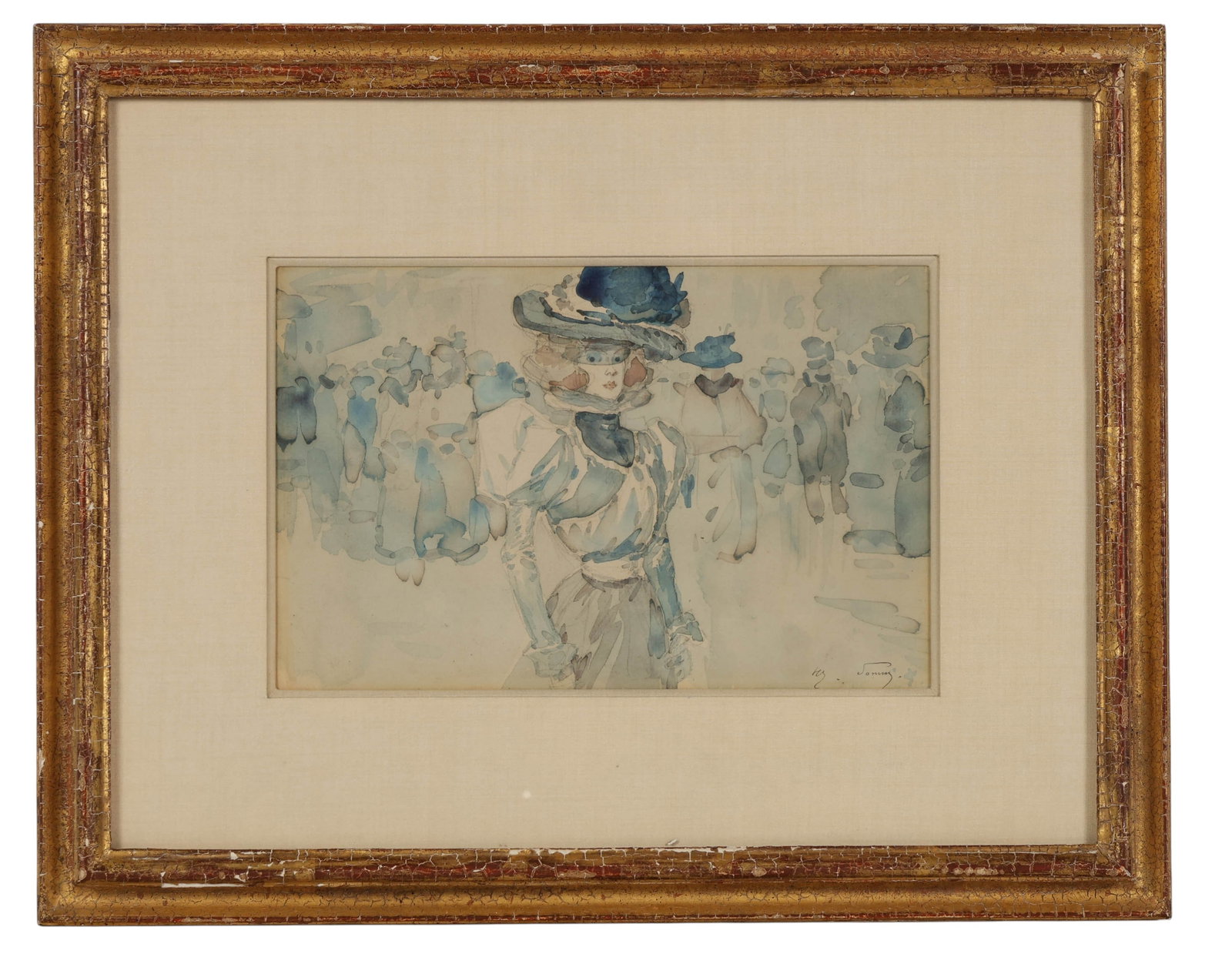 Henry Somm 1844-1907 Antique Watercolor Painting: Henry Somm (French, 1844-1907) watercolor on paper depicting a well dressed lady in a fashionable hat, set against a lively crowd. Rendered in tones of blue and gray. Signed lower right. Work retains