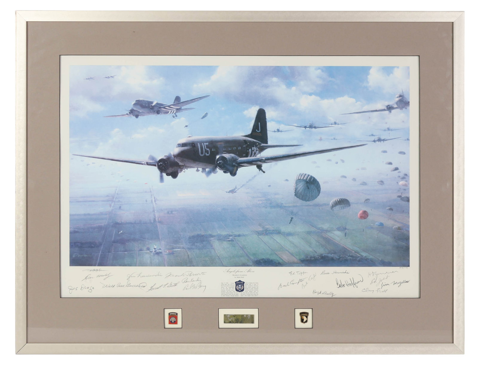 Matt Hall Angels from Above Aviation Print SIGNED: Matt Hall, Angels from Above, limited edition Publishers Proof print (#PP78/170), commemorating Operation Market Garden during World War II. The artwork depicts C-47 transport aircraft dropping paratr
