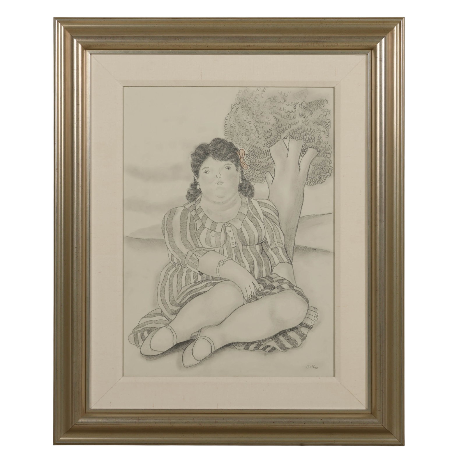 Woman Resting Under A Tree Drawing after F. Botero: Graphite on paper drawing after Fernando Botero (Colombian, born 1932), depicting a seated woman beneath a tree, rendered in the manner of the artist with emphasis on rounded, voluminous forms and sim