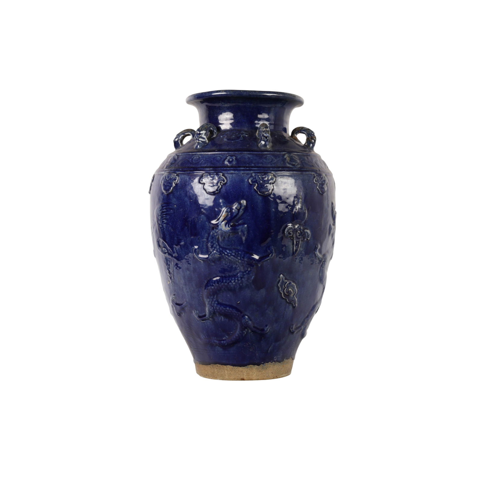Antique Southern Asian Blue Dragon Martaban Jug: Antique Chinese-style earthenware Martaban vase vessel with dragon and bird relief and a blue glaze. The vessel features a wide flared mouth and ring bands around the shoulder. The glaze shows natural