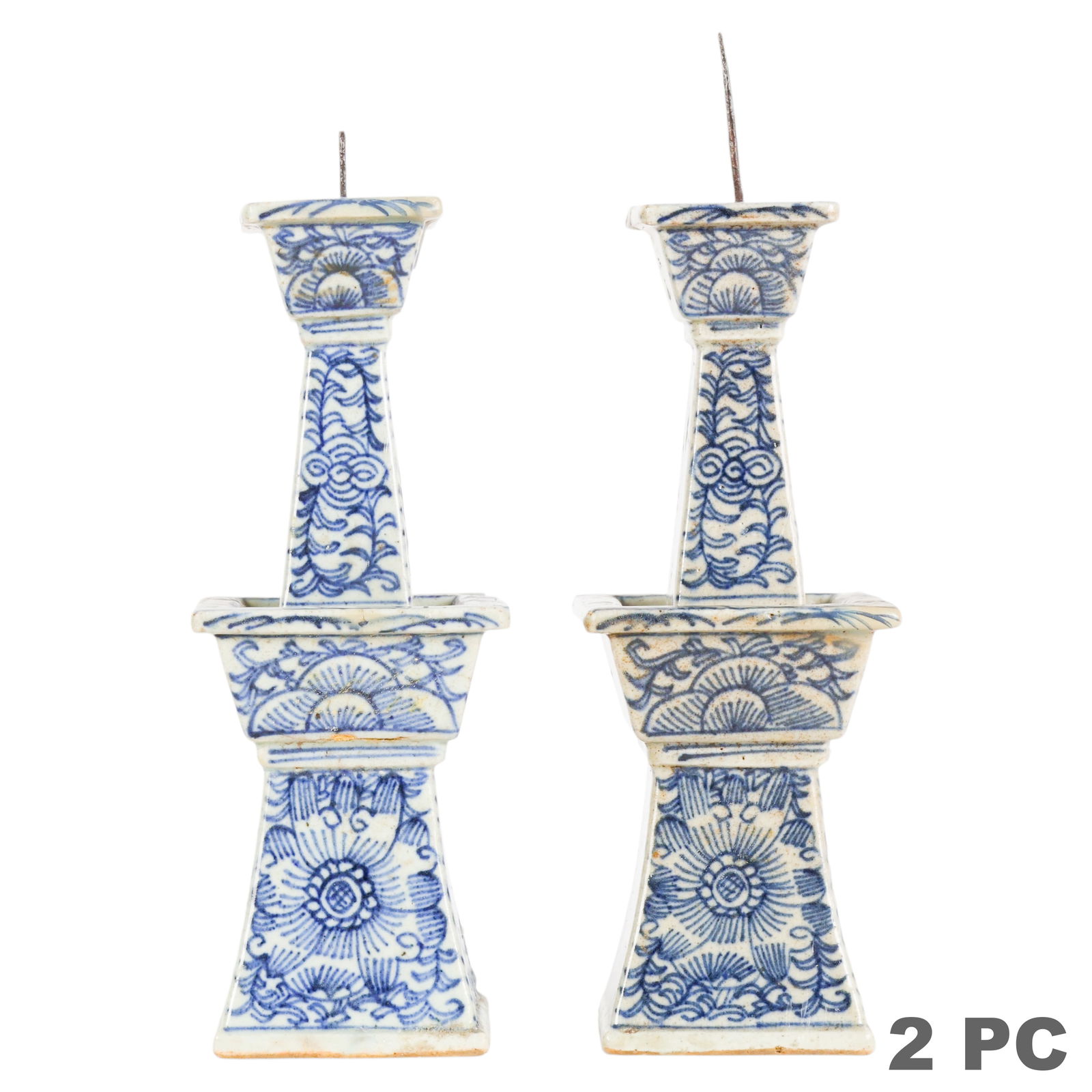 Chinese Pair Blue & White Porcelain Candleholders (1 of 8)