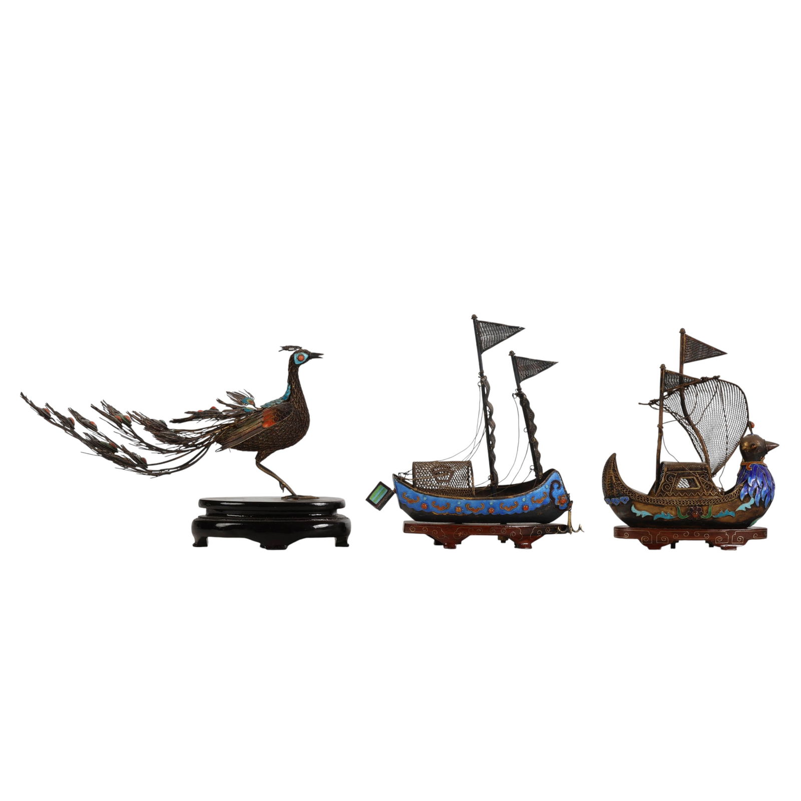Chinese Enameled Silver Filigree Bird and Boat LOT (1 of 6)