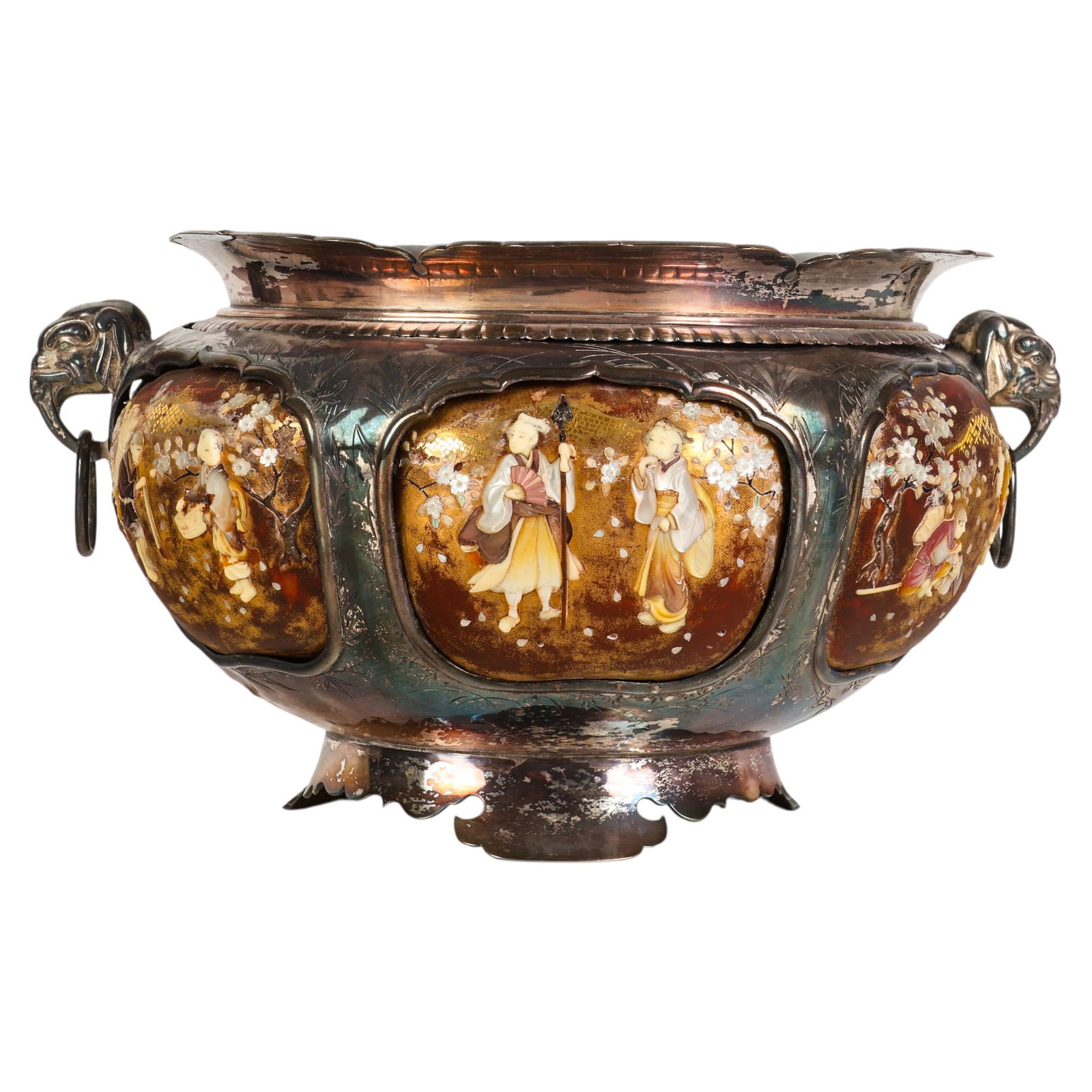 Japanese Meiji Period Silver Inlay Shibayama Bowl: Antique Japanese bowl featuring inset Shibayama lacquered wood panels inlaid with mother-of-pearl, coral, and other organic materials, each depicting figural scenes beneath blossoming trees. Six panel