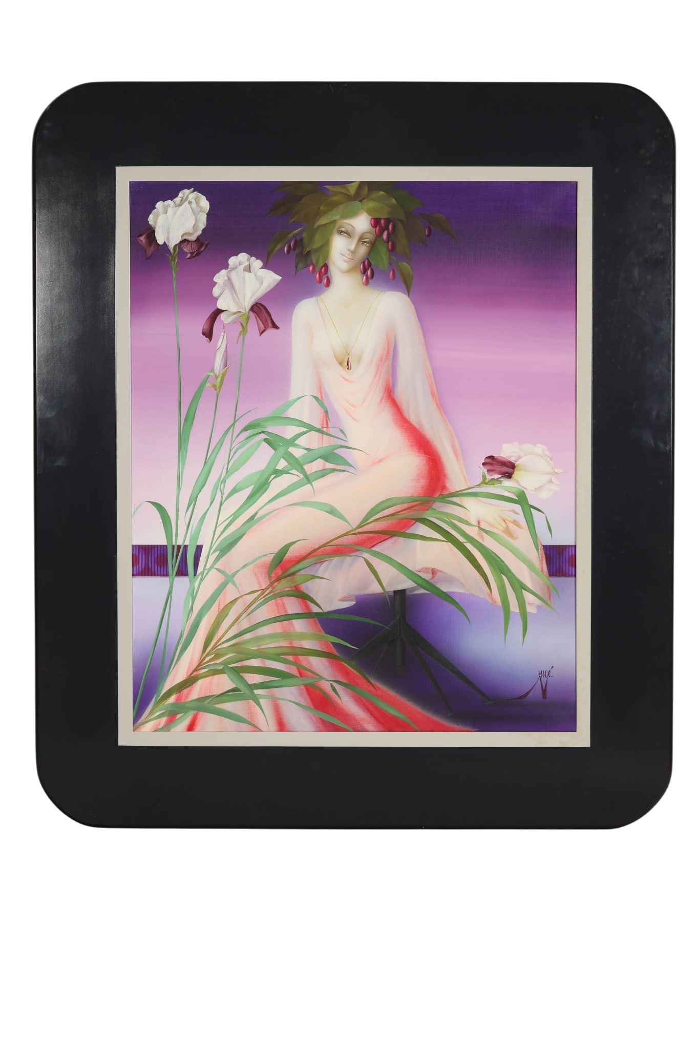 Phillipe Auge b.1935 Figural Art Deco Painting: Phillipe Auge (French, born 1935) oil painting on canvas. The surrealist figural interior scene depicts a seated woman adorned with foliage and floral elements, rendered in a dreamlike composition wit