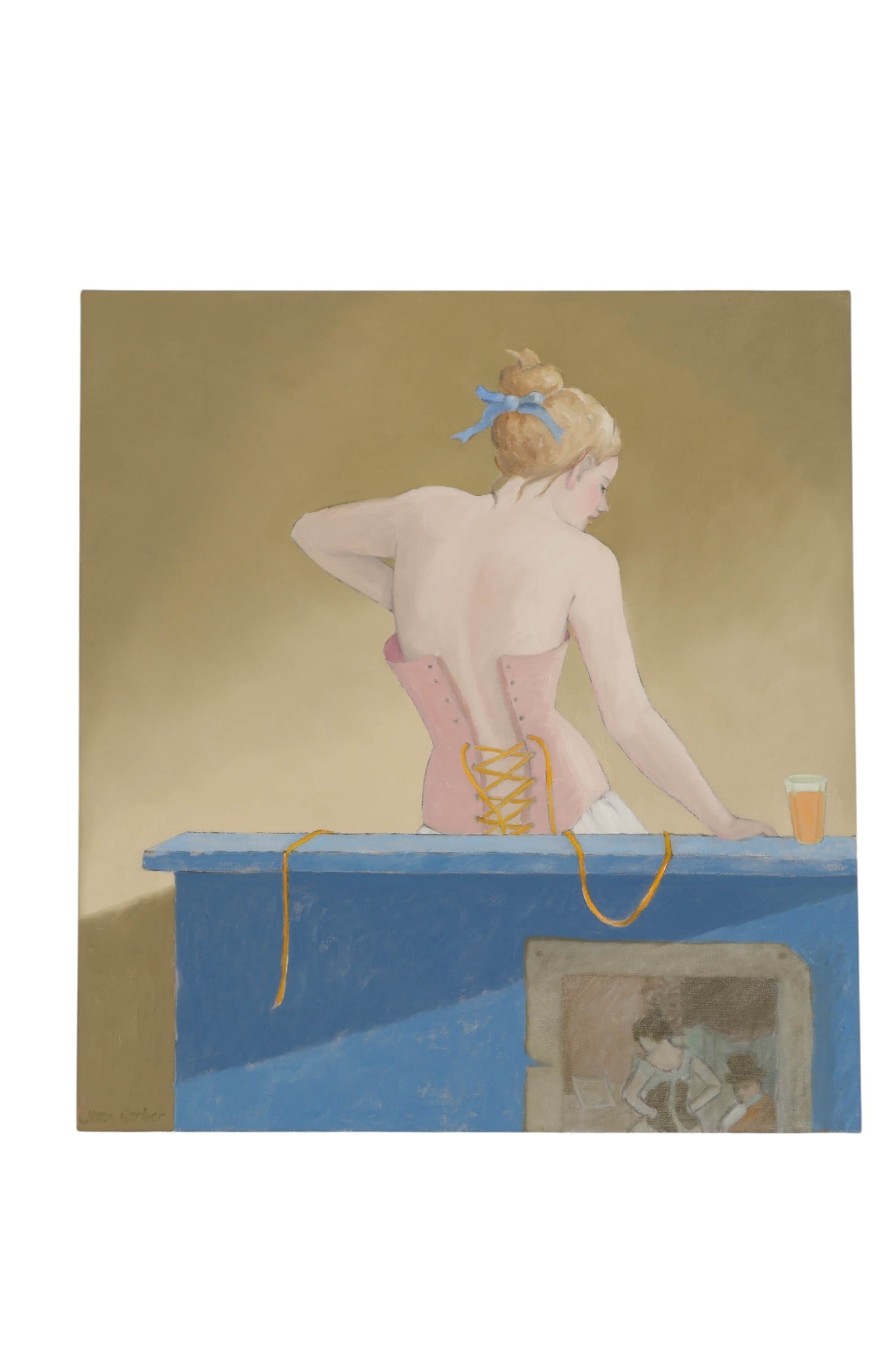Joan Barber b.1941 Blue Ledge Portrait Painting: Joan Barber (American, born 1941), Blue Ledge, oil on canvas, depicting a female subject viewed from behind, seated at a ledge and adjusting a corset with trailing laces. The composition features a so