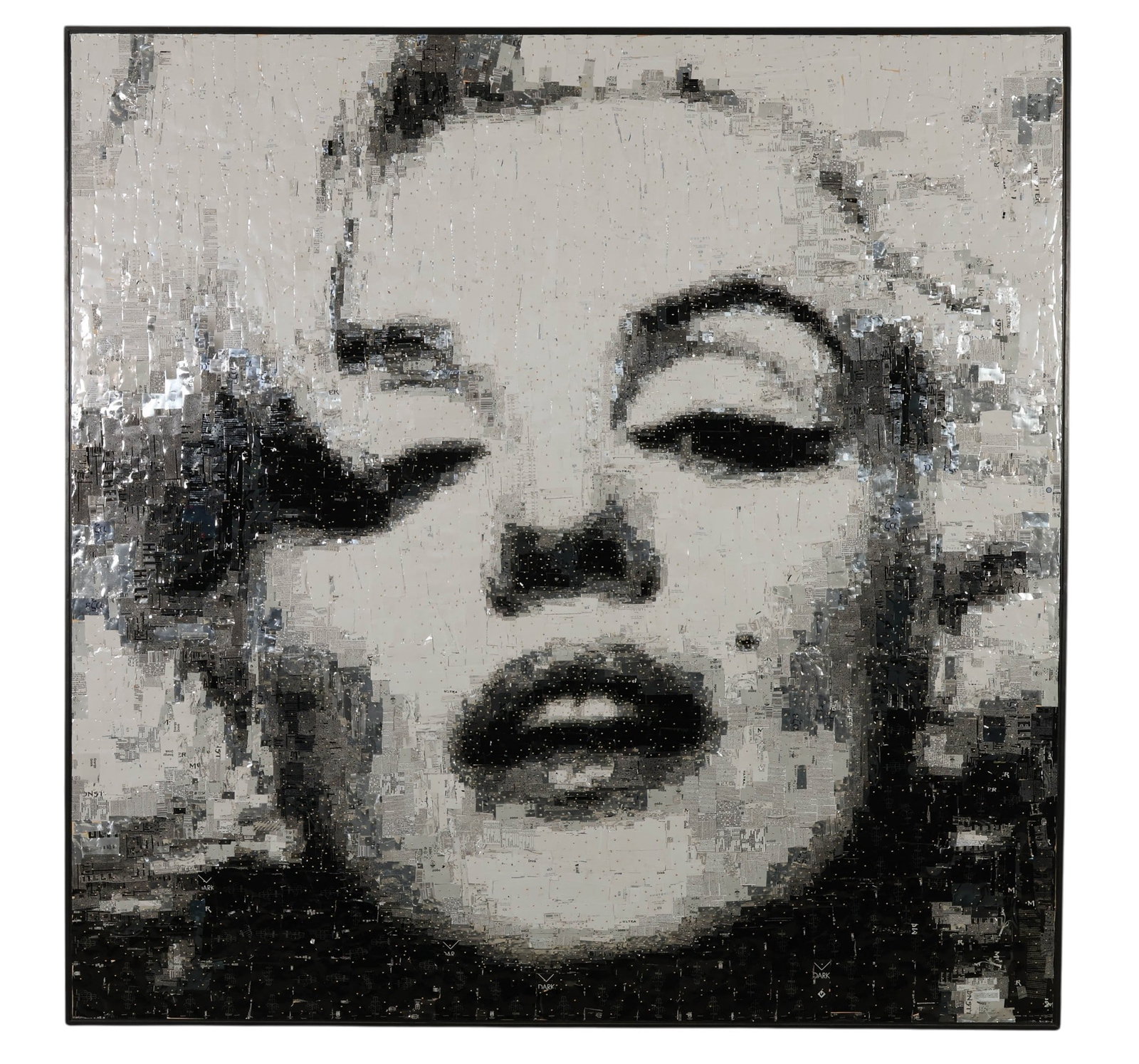 Nikos Floros b1978 Marilyn Monroe Aluminum Collage: Nikos Floros (Greek, born 1978), Marilyn, 2022, mixed media aluminum collage portrait presenting an iconic stylized female visage, rendered through an intricate assemblage of aluminum can elements for