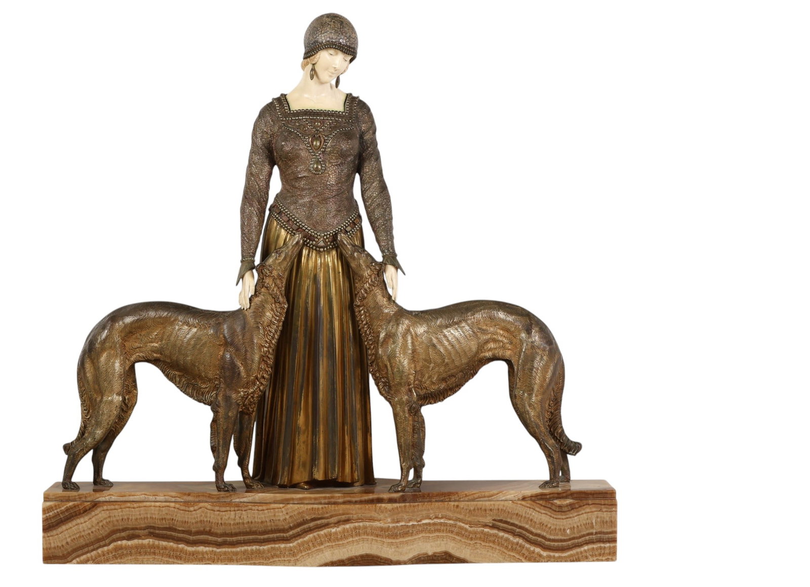 D Chiparus 1886-1947 Friends Forever Bronze SIGNED: Demetre Chiparus (Romanian, 1886-1947), Les Amis Toujours, cold-painted and patinated bronze sculpture depicting a female figure flanked by wolfhounds, raised on a variegated onyx base. The figures fa