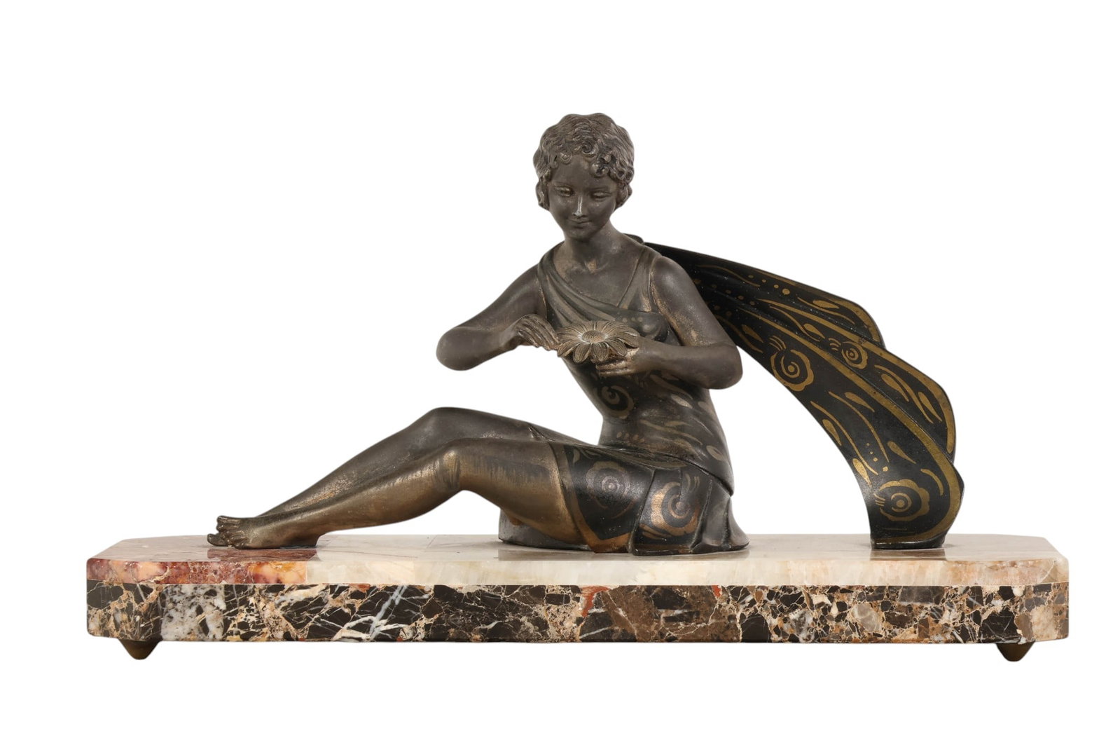 Art Deco Bronze Figural He Loves Me Not Sculpture: Art Deco style bronze figural sculpture depicting a seated woman engaged in the "He Loves Me He Loves Me Not" petal game delicately holding a daisy. The figure is rendered with stylized flowing lines 