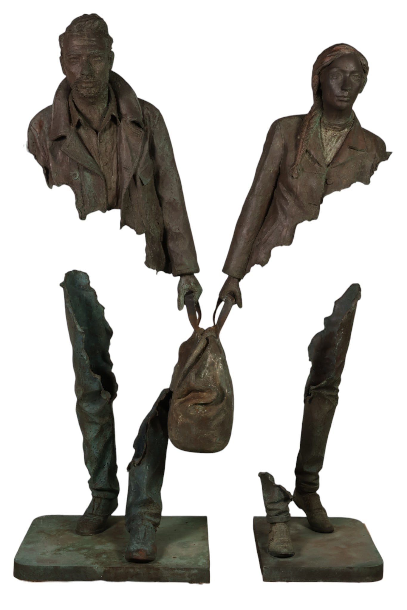 Bruno Catalano (b.1960) Life-Size Couple Sculpture: Bruno Catalano (French, born 1960), abstract life size sculptural figures depicting a man and woman in fragmented form. Each figure is cast in bronze with a variegated patina and designed with partial