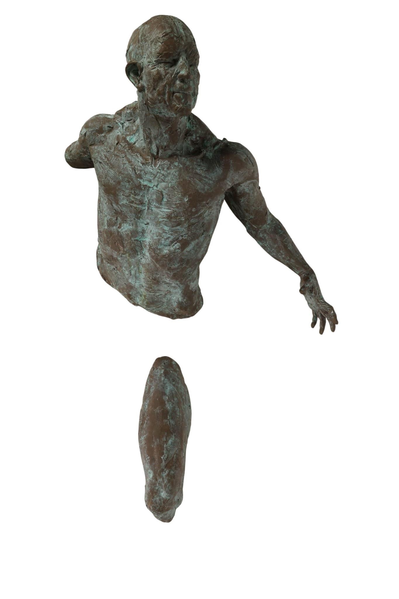 Matteo Puliese b1969 Bronze Emerging Man Sculpture: Matteo Pugliese (Italian, born 1969), two piece bronze figural wall sculpture from the artist's "Extra Moenia / Outside Walls Series" depicting a fragmented male torso with extended arm and a separate