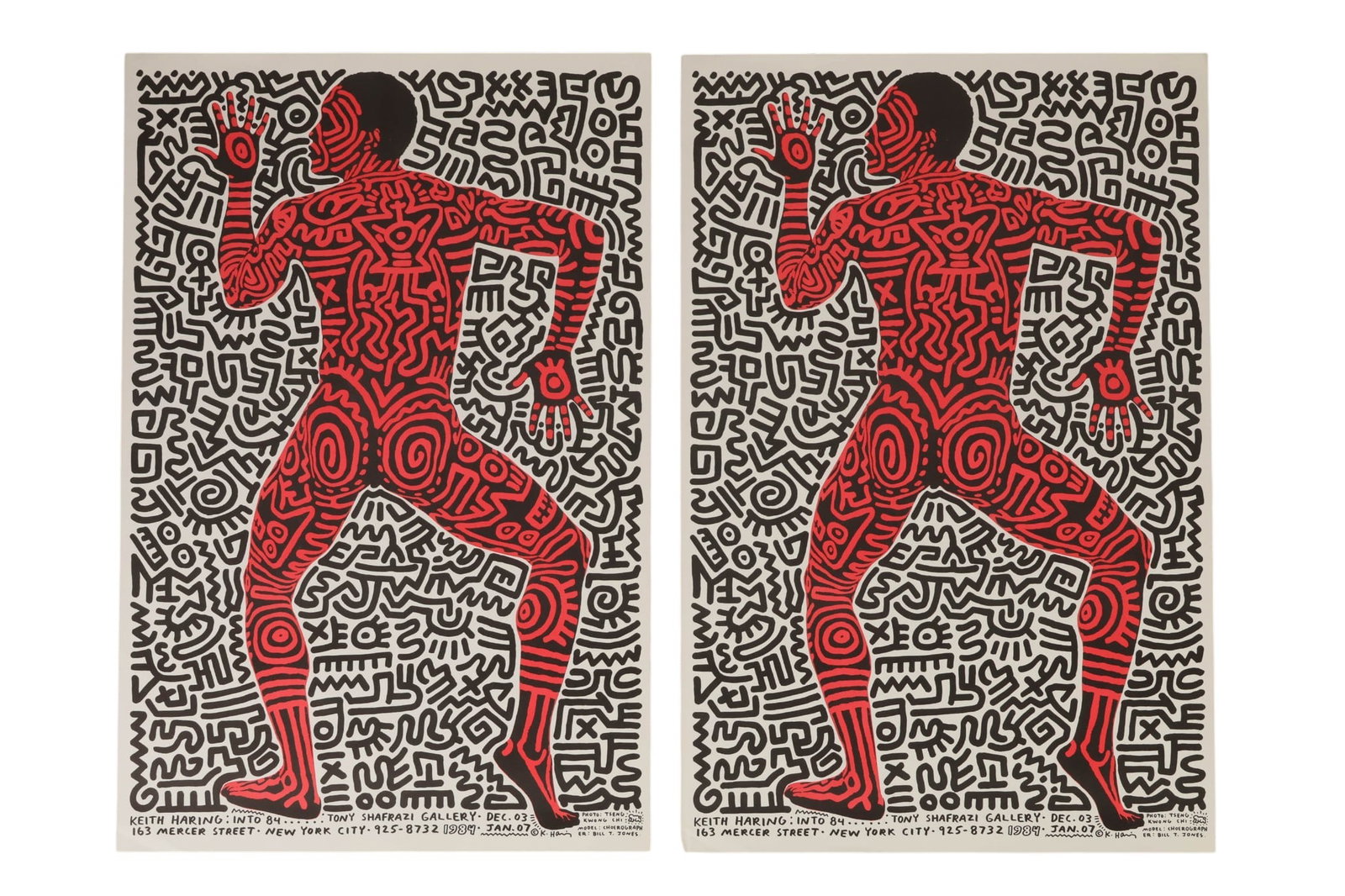 Keith Haring 1958-1990 Into 84 Expo Poster 2pc LOT: Keith Haring (American, 1958-1990), lot of two "Into 84" Exhibition offset color lithograph posters produced for the Tony Shafrazi Gallery, New York exhibition held December 3 through January 7. Each 