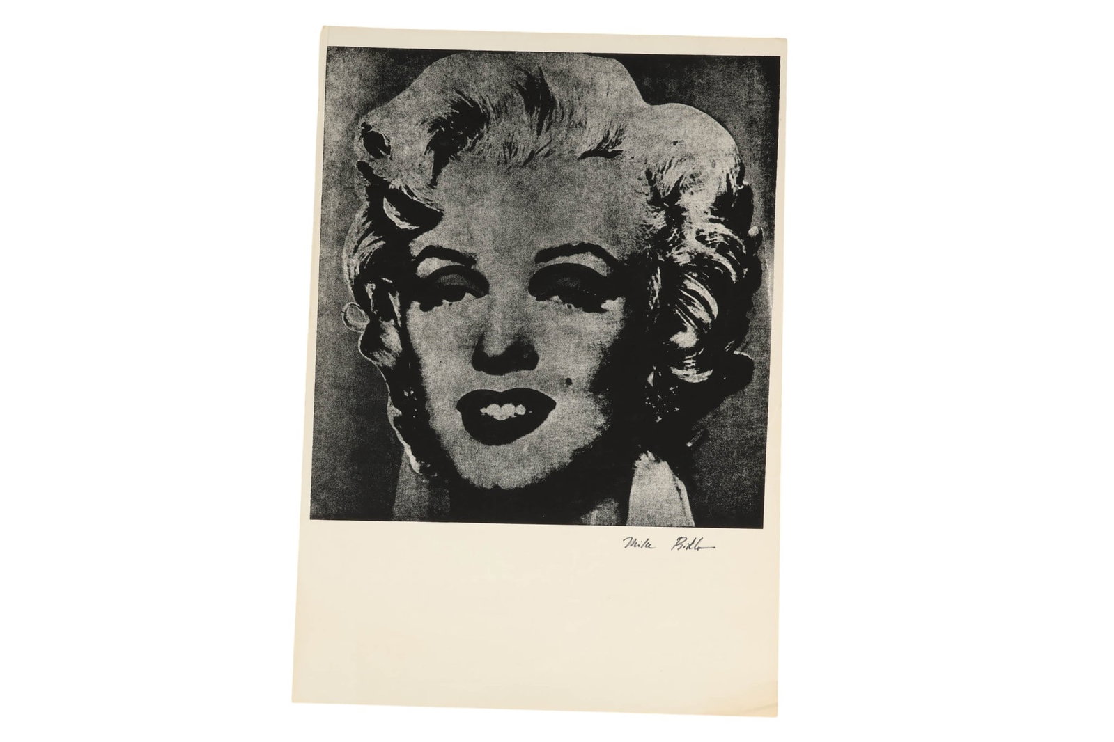 Mike Bidlo b.1953 Not Warhol Marilyn Print SIGNED: Mike Bidlo (American, born 1953), Not Andy Warhol Marilyn Monroe, black and white print depicting the iconic Hollywood figure through a grainy, expressive printing technique reflecting Pop Art imagery