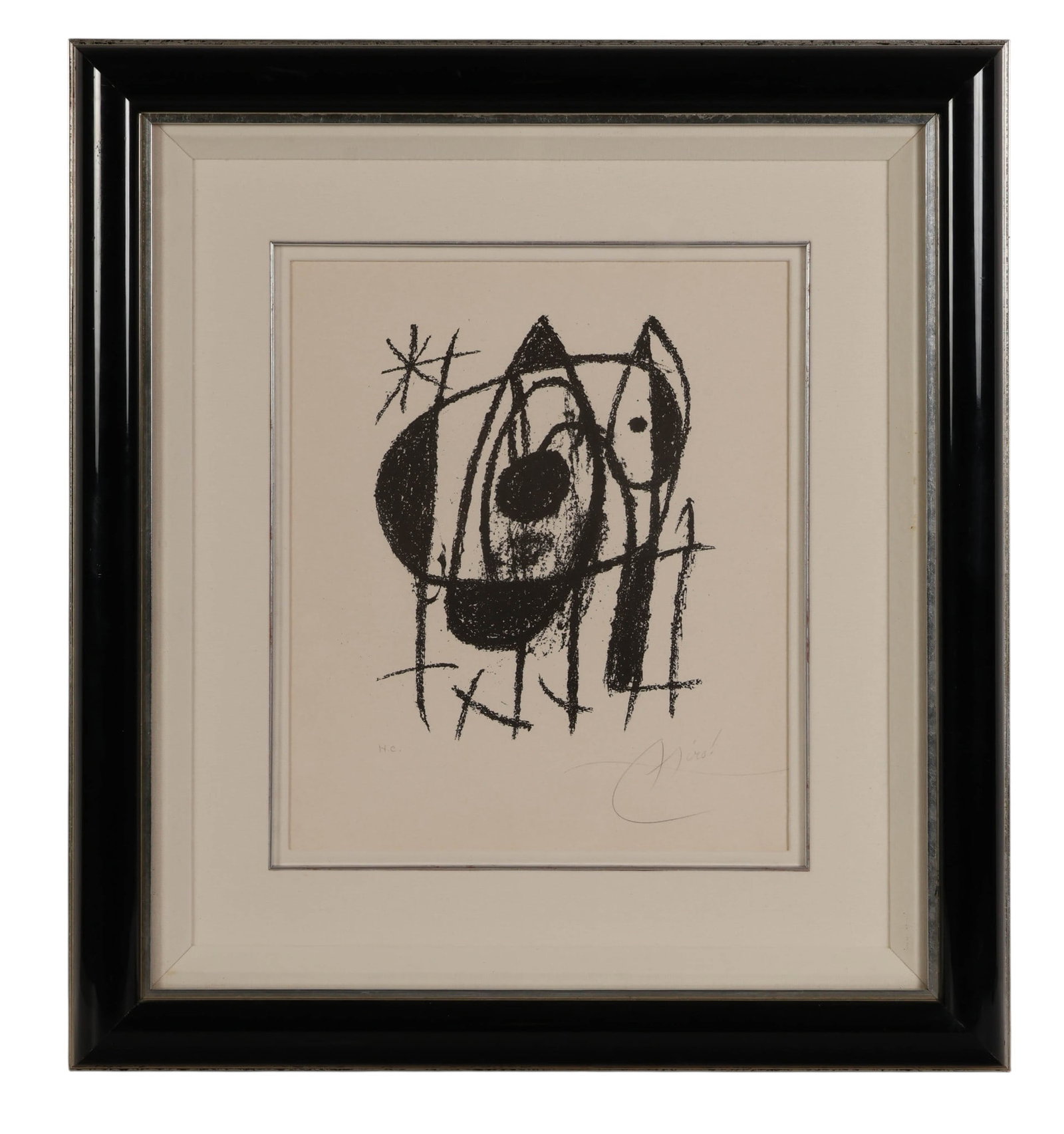 Joan Miro (1893-1983) Vol IV B&W Lithograph SIGNED: Joan Miro (French, 1893-1983), Volume IV abstract lithograph on paper featuring bold gestural forms and biomorphic imagery rendered in black against a light ground. The composition showcases the artis