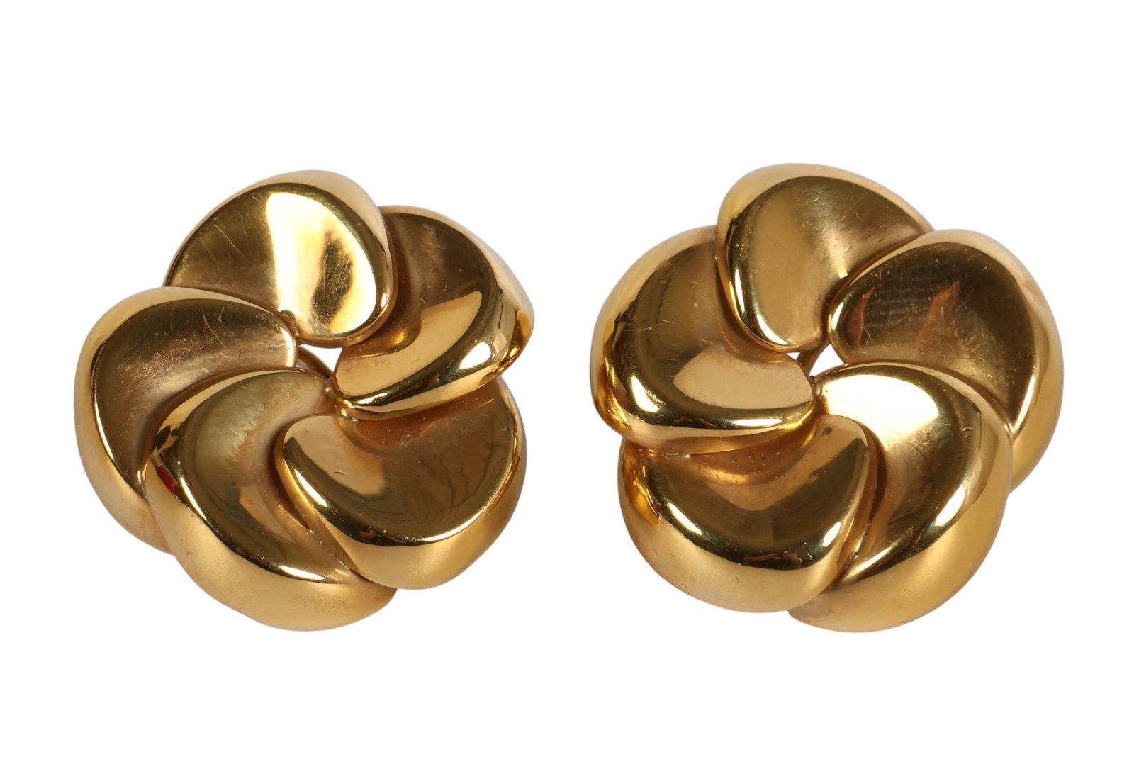 18k Gold Pair of Italian Flower Shape Earrings 18g: 18k gold pair Italian made flower design statement earrings. Set with a post and clamp mechanism. Marked on verso Gasparella 750 with an inscription of a star 87 VI. Combined approximate weight 18 gra