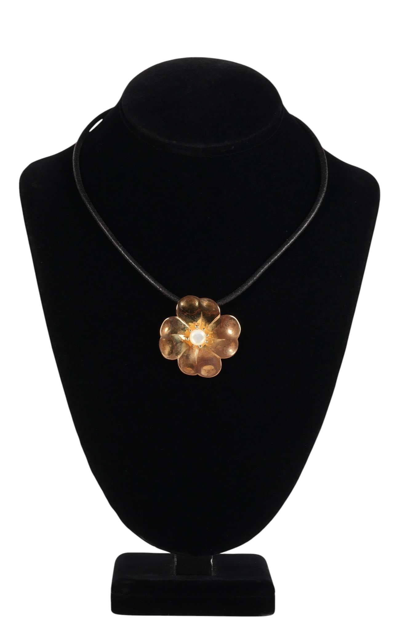 14k Gold Italian Flower Stone & Leather Choker 12g: 14k gold Italian flower pendant with center moonstone. Formed flower is attached to black leather 17" choker tipped with 14k gold lobster clasp. Marked on verso 14K Italy B. Total weight is approximat