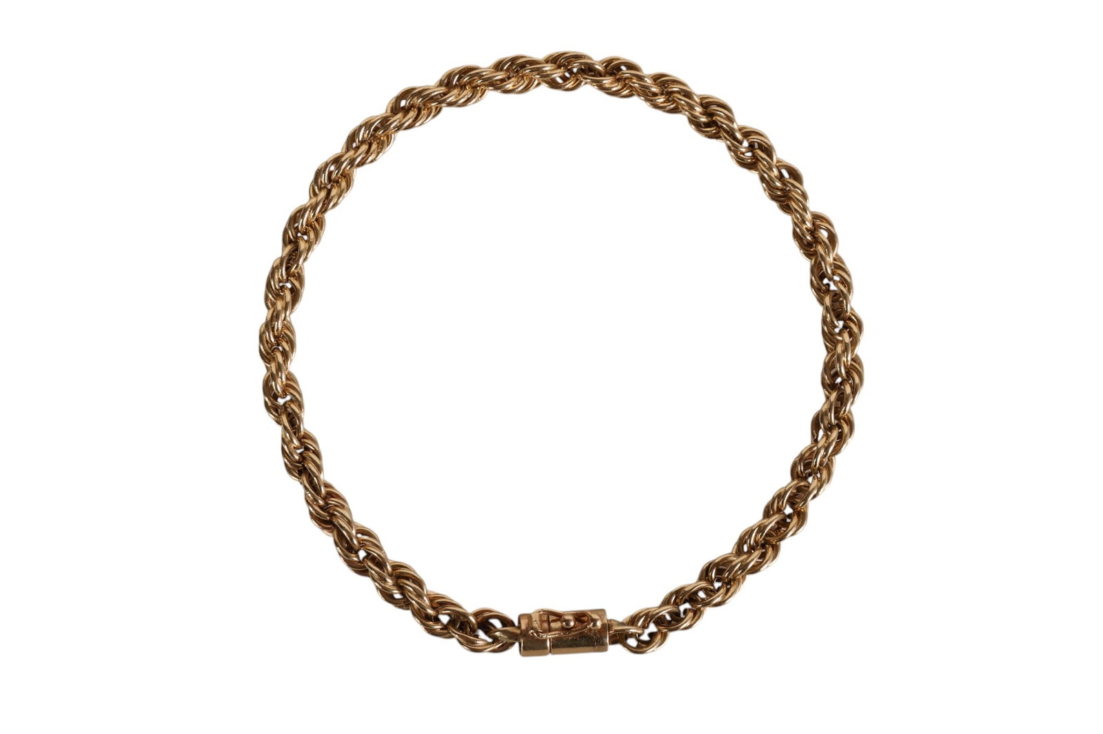 14k Gold Italian Rope Bracelet Barrel Clasp 6grams: 14K yellow gold rope chain bracelet with barrel clasp and safety catch, attributed to Italian design. The bracelet measures approximately 3 mm in diameter, weighs approximately 6 grams, and is marked 