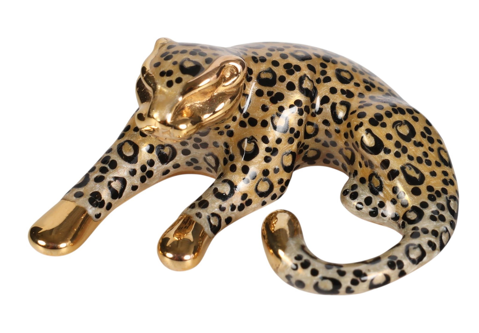 SLC 14k Gold and Enamel Leopard Pendant Slide 5gr.: 14k gold slide pendant featuring an enameled leopard, designed for use on a slide bracelet or as a necklace pendant. Enamel work is rendered in black, brown, and gold tones. Signed on verso SLC 14k. T