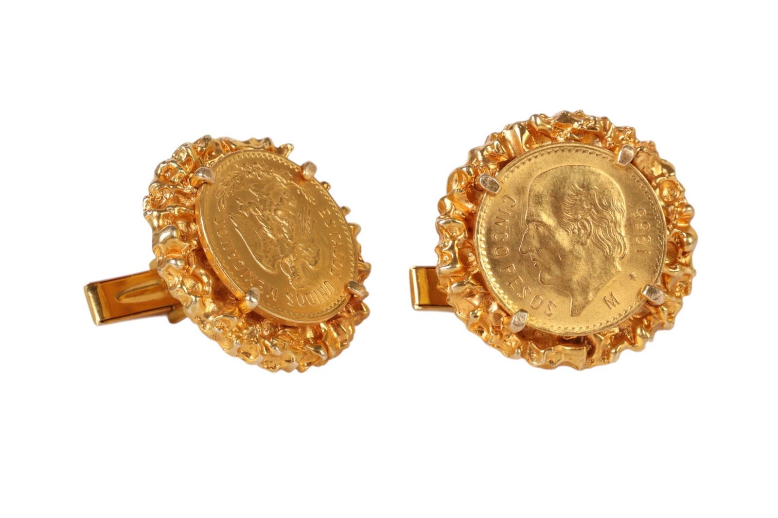 22K Mexican Coins Pair of 14k Gold Men's Cufflinks: Pair of cufflinks set with Mexican 22K gold Cinco Pesos coins dated 1955, housed in 14K yellow gold mounts. Each coin is secured within a textured circular bezel setting with prong accents and rope-st