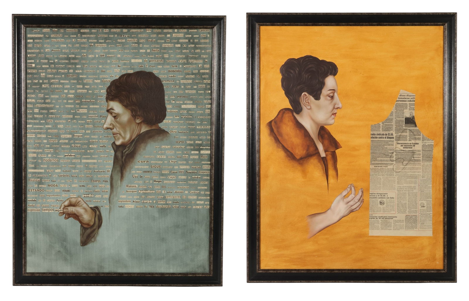 Aimee Garcia b.1972 Surreal Diptych Art Paintings: Aimee Garcia Marrero (Cuban, born 1972), contemporary mixed media diptych painting on canvas depicting portrait compositions combining finely rendered figural imagery with collage elements. One panel 