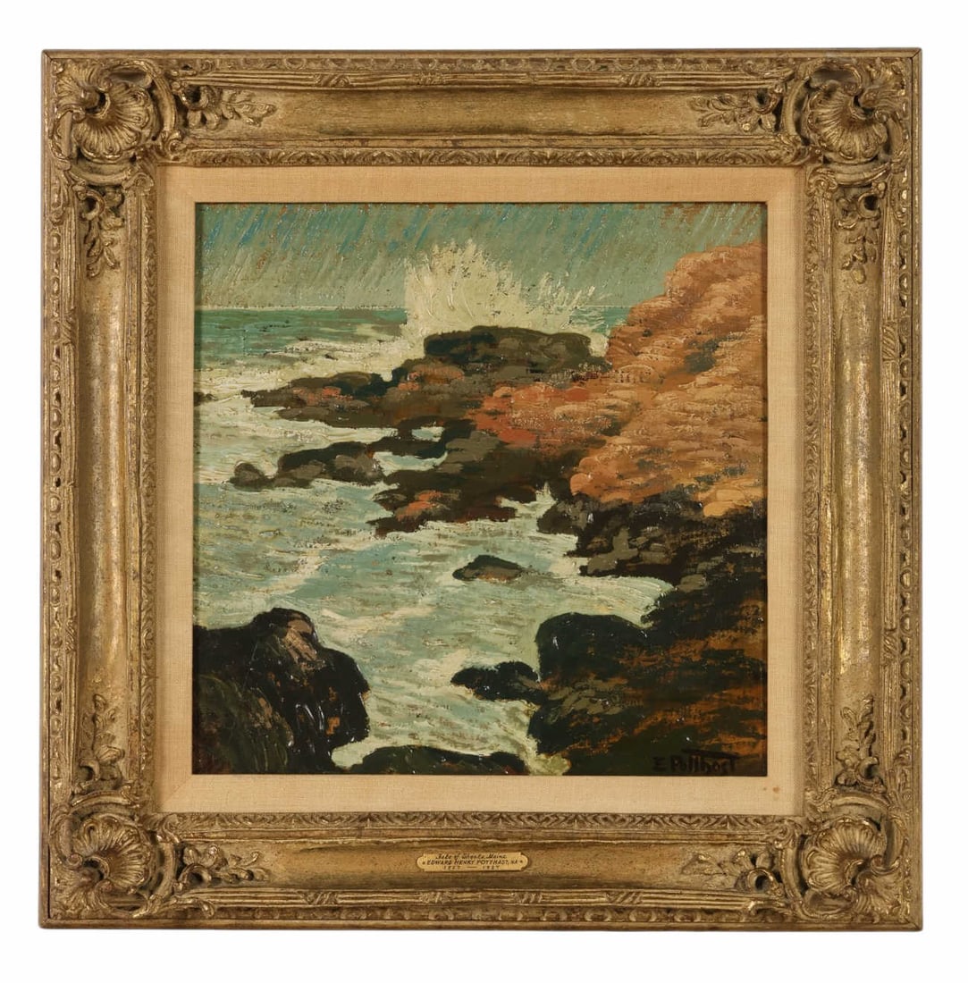 Edward Potthast 1857-1927 Isle of Shoals Painting: Edward Henry Potthast (American, 1857-1927), Isle of Shoals, Maine, oil on board depicting a coastal seascape with waves crashing against a rocky shoreline beneath a bright sky. The composition reflec