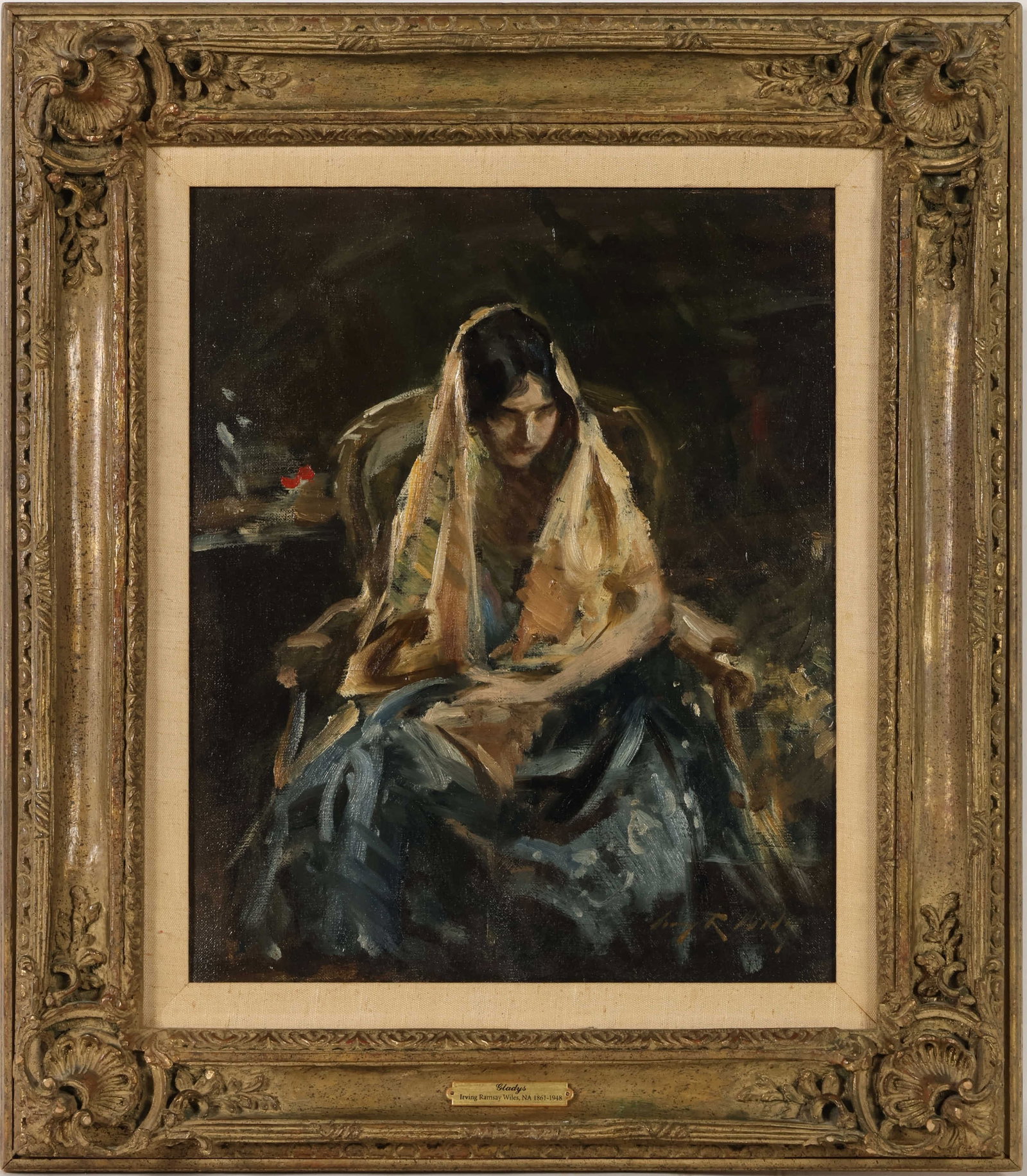 Irving Ramsey Wiles 1861-1948 Gladys Oil Painting: Irving Ramsey Wiles (American, 1861-1948), Gladys, original oil on canvas female portrait depicting the artists daughter seated in an interior setting. The composition is rendered with loose, expressi