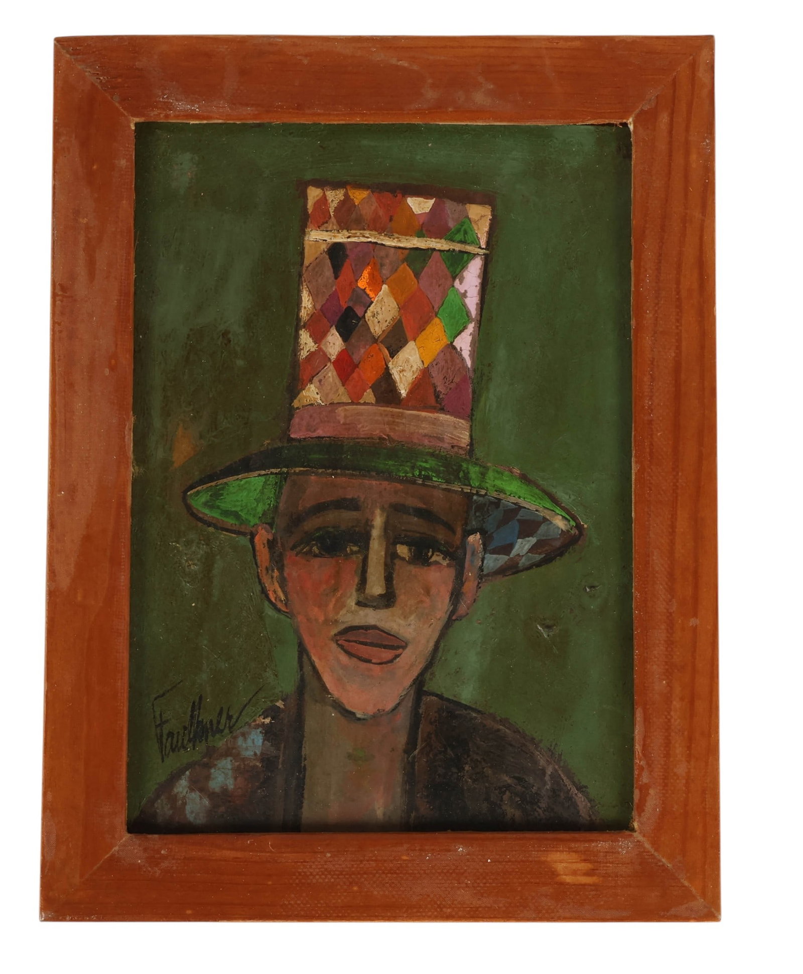 Henry Faulkner 1924-1981 Harlequin 1964 Painting: Henry Faulkner (Egyptian-American, 1924-1981), Harlequin, 1964, casein on board painting depicting a stylized portrait of a figure wearing a multicolored harlequin-patterned top hat set against a gree