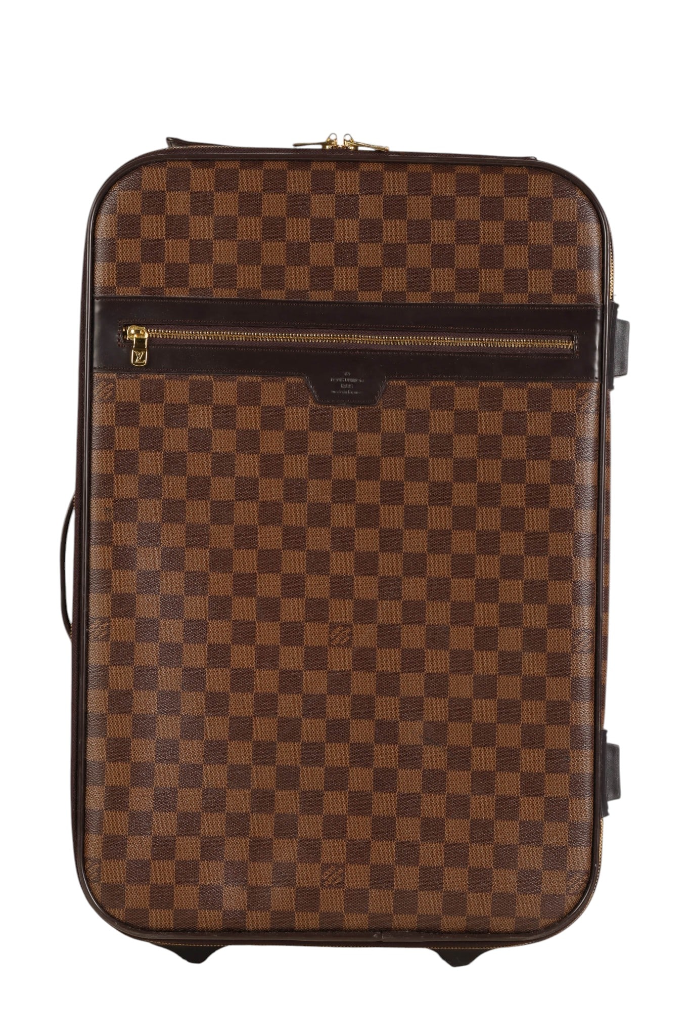 Louis Vuitton Damier Ebene Pegase Rolling Suitcase: Louis Vuitton Damier Ebene Pegase 55 rolling travel luggage featuring the iconic damier brown checkerboard coated canvas with dark leather trim and brass-tone hardware. The case is designed with a tel