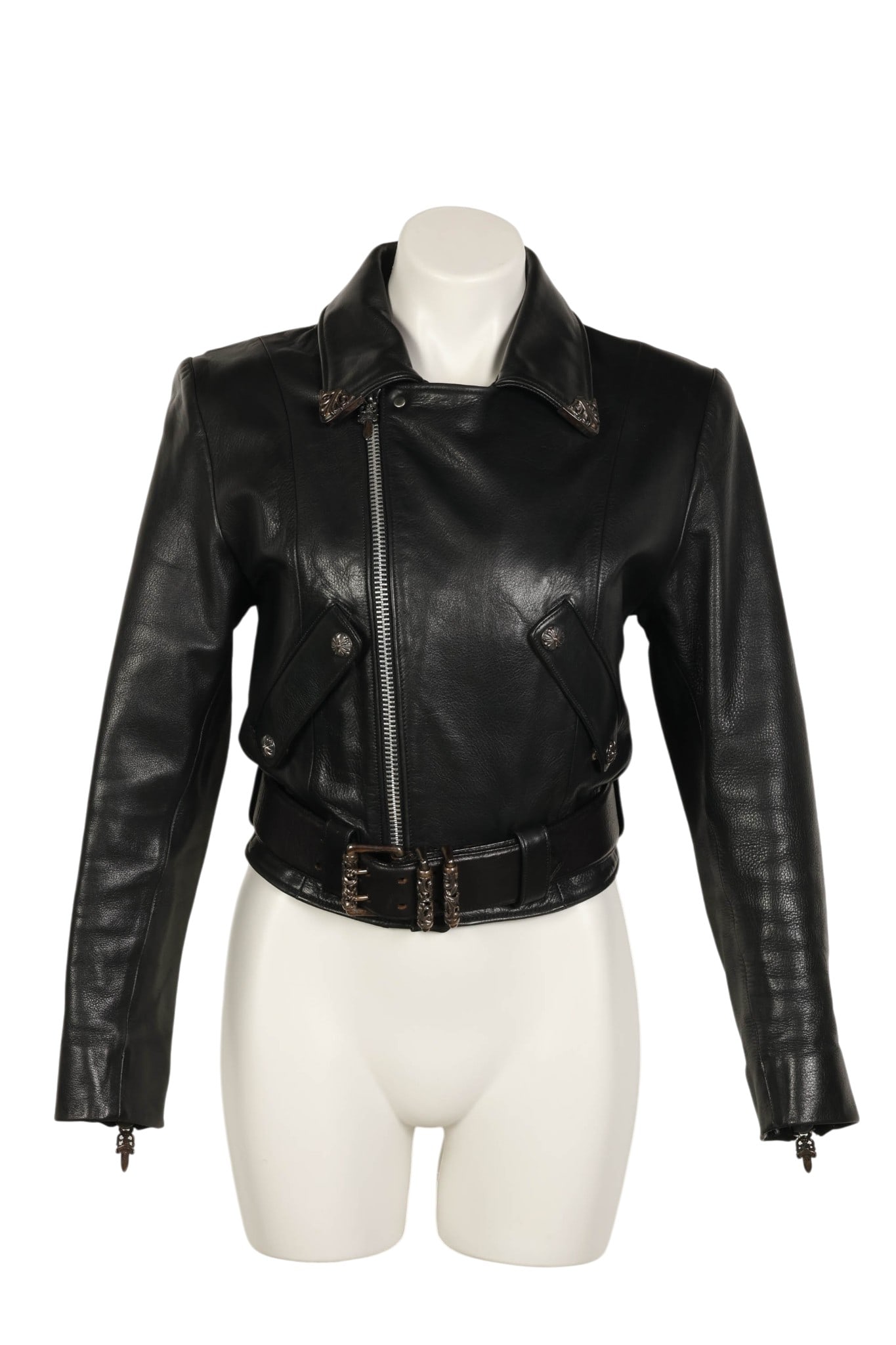 Chrome Hearts JJ Dean Black Leather Biker Jacket S: Chrome Hearts size small luxury designer black leather "JJ Dean" biker jacket featuring an asymmetrical zip front with heavy gauge sterling silver hardware, a wide lapel collar with signature cross mo