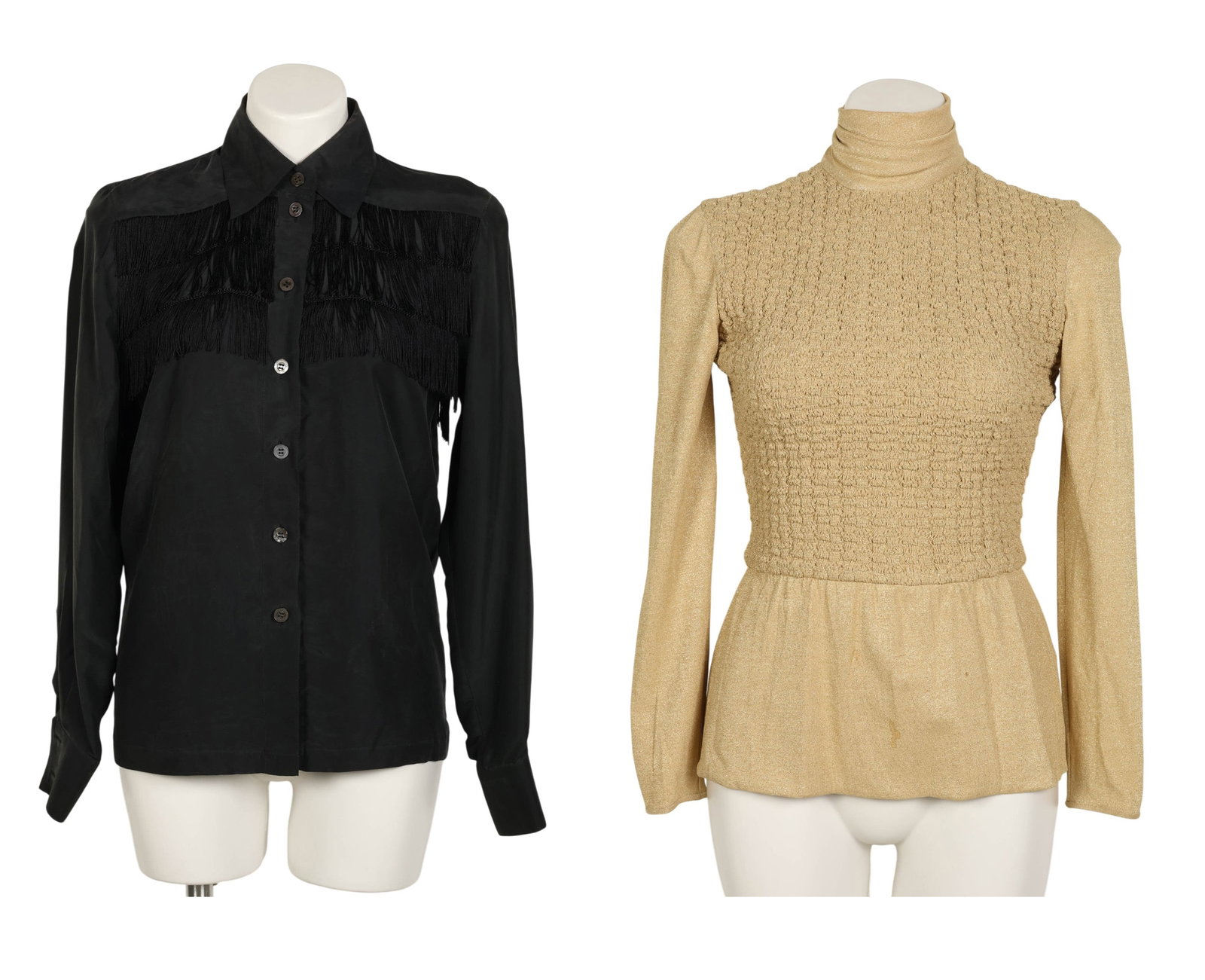 Valentino Night Escada Vintage Ladies Tops 2pc LOT: Two vintage womens designer dress tops, including a Valentino Night gold-tone knit top featuring a structured silhouette with a zip-up back and high turtleneck collar, labeled size 6 and made in Italy