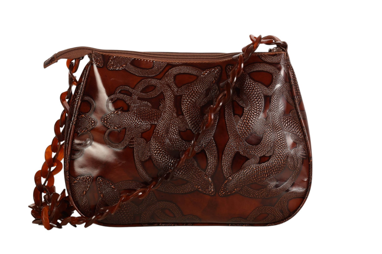 Jean Patou Embossed Leather & Lucite Handbag RARE: Jean Patou Paris brown polished leather purse featuring an elaborate embossed and cutout lizard motif across the exterior, showcasing highly detailed reptile forms in a symmetrical design. The bag is 