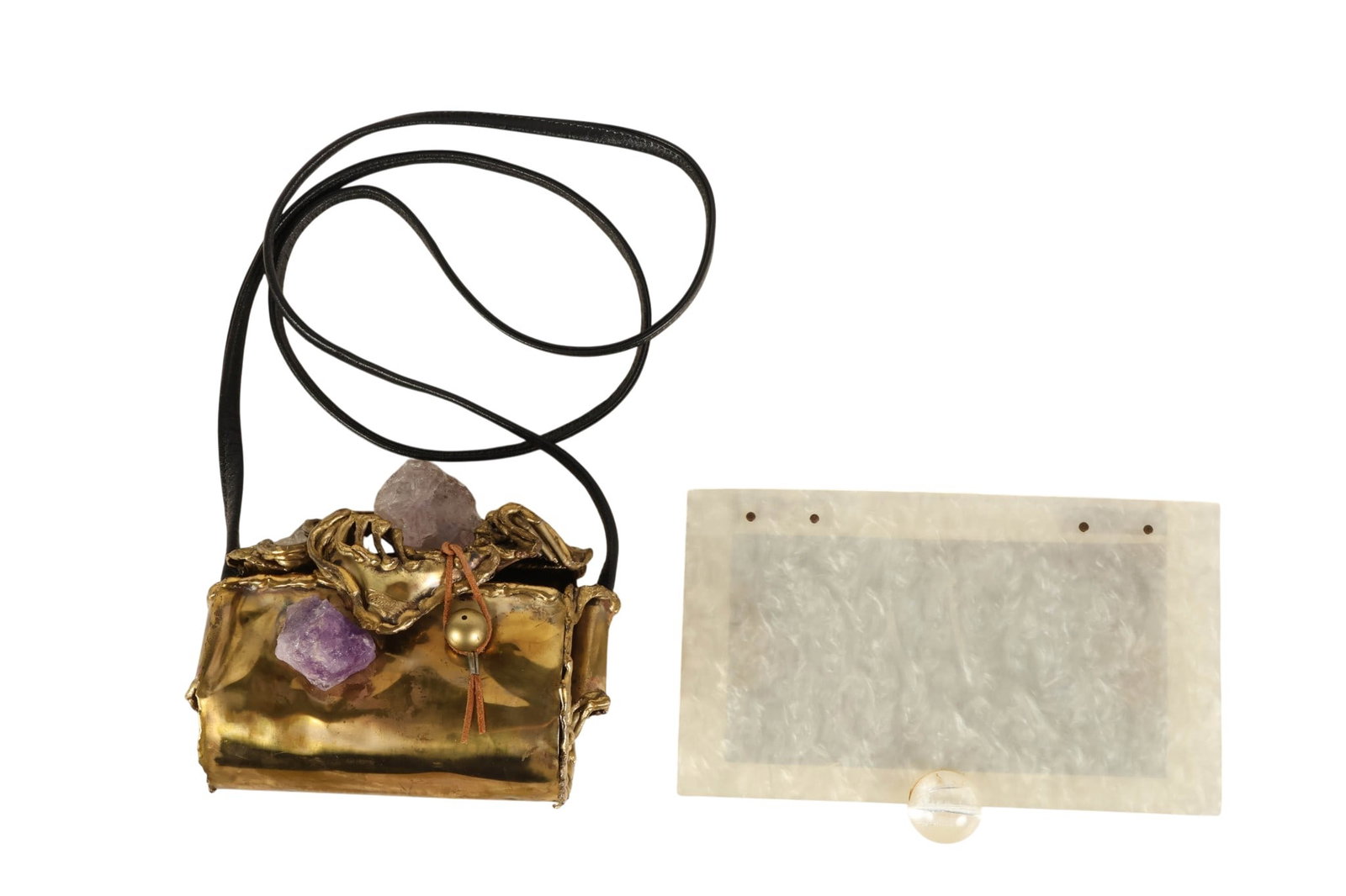 Carvalhu's Brass & Quartz Purse and Lucite Bag LOT: Carvalhus sculptural brass handbag featuring an organic form with applied natural mineral specimens including amethyst and quartz, accented by a 26" drop leather cord and bead closure. The purse body 