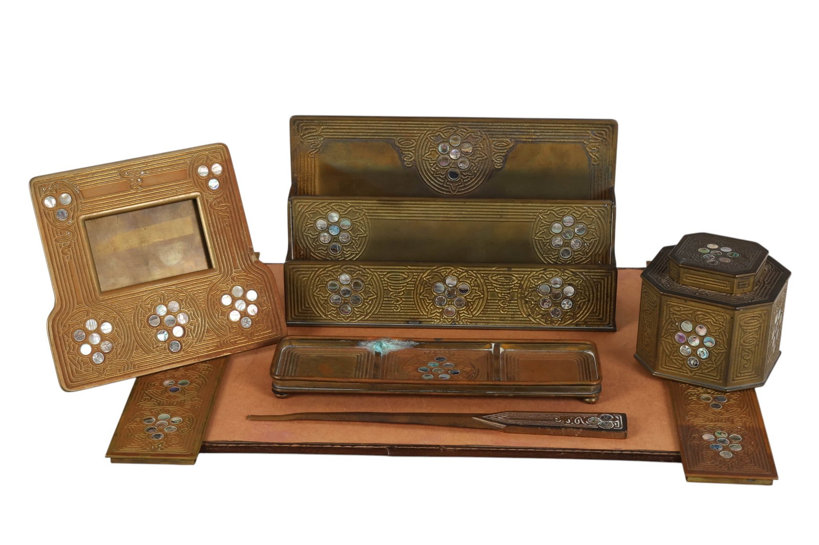 Tiffany Studios Bronze & Abalone 6 Piece Desk SET: Tiffany Studios New York six-piece bronze desk set in the Arts and Crafts Abalone pattern, including a letter opener, inkwell, picture frame, letter rack, blotter ends, and pen tray. Each piece featur