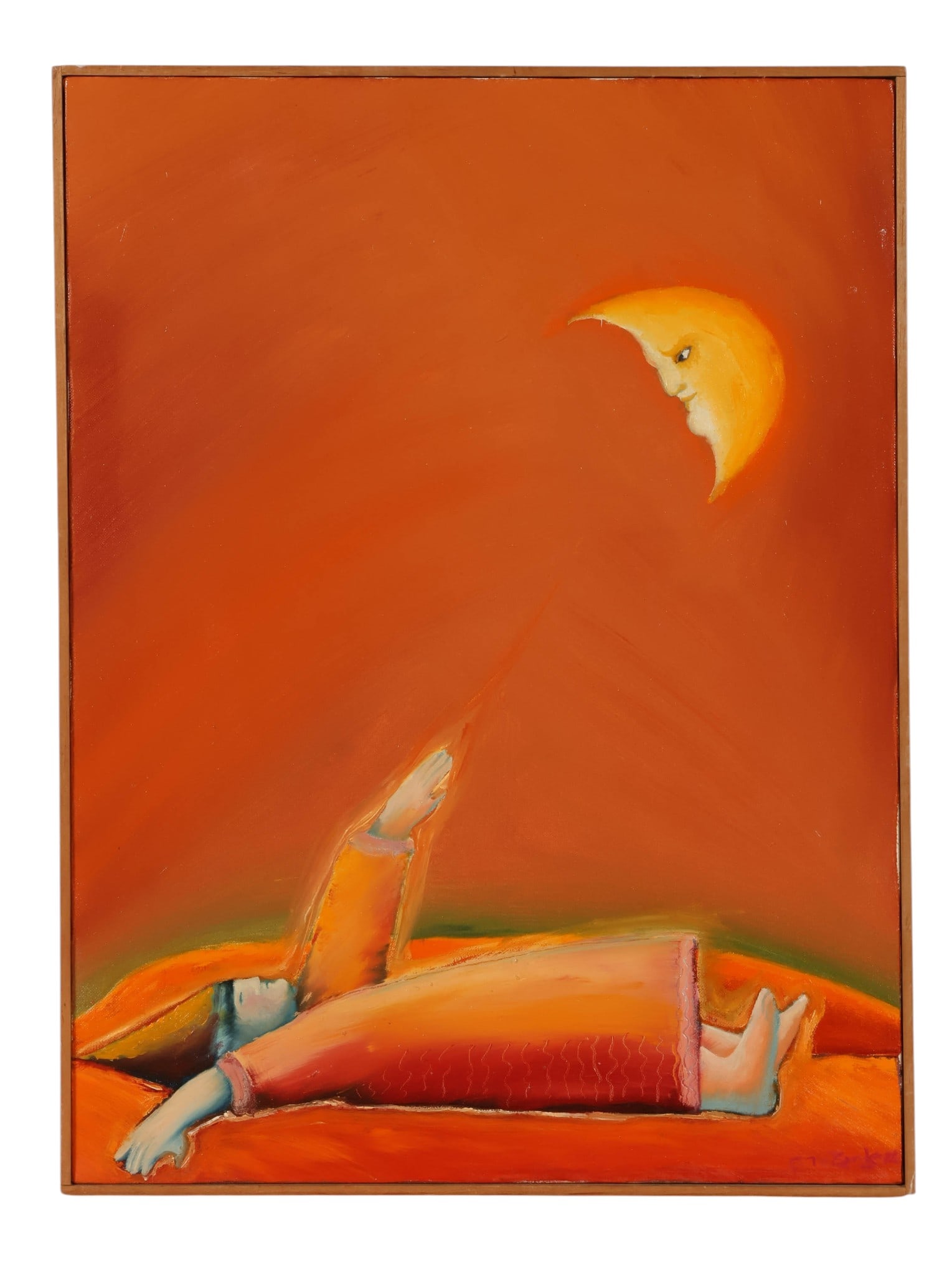 Martin Laborde b.1943 "Echo" Surrealism Painting: Martin LaBorde (American, born 1943), Echo, 1982, oil on canvas surrealist composition depicting a reclining stylized figure set within a warm tonal landscape. The figures arm is extended outward, dir