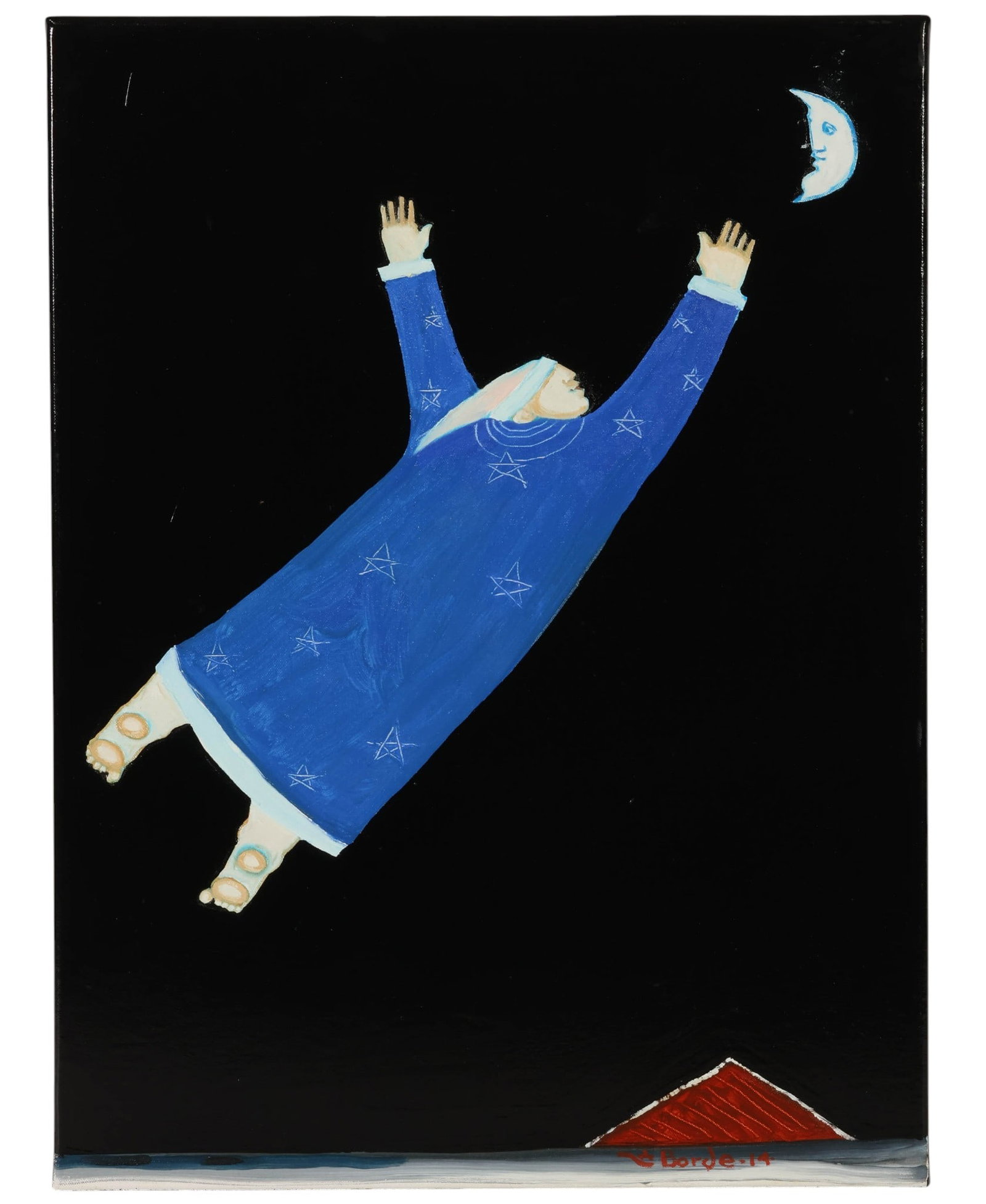 Martin LaBorde b.1943 Surreal Man & Moon Painting: Martin LaBorde (American, born 1943), All Play With The Delightful Moon, surrealist oil on canvas composition depicting a stylized floating figure in a deep black night sky, reaching upward toward a c